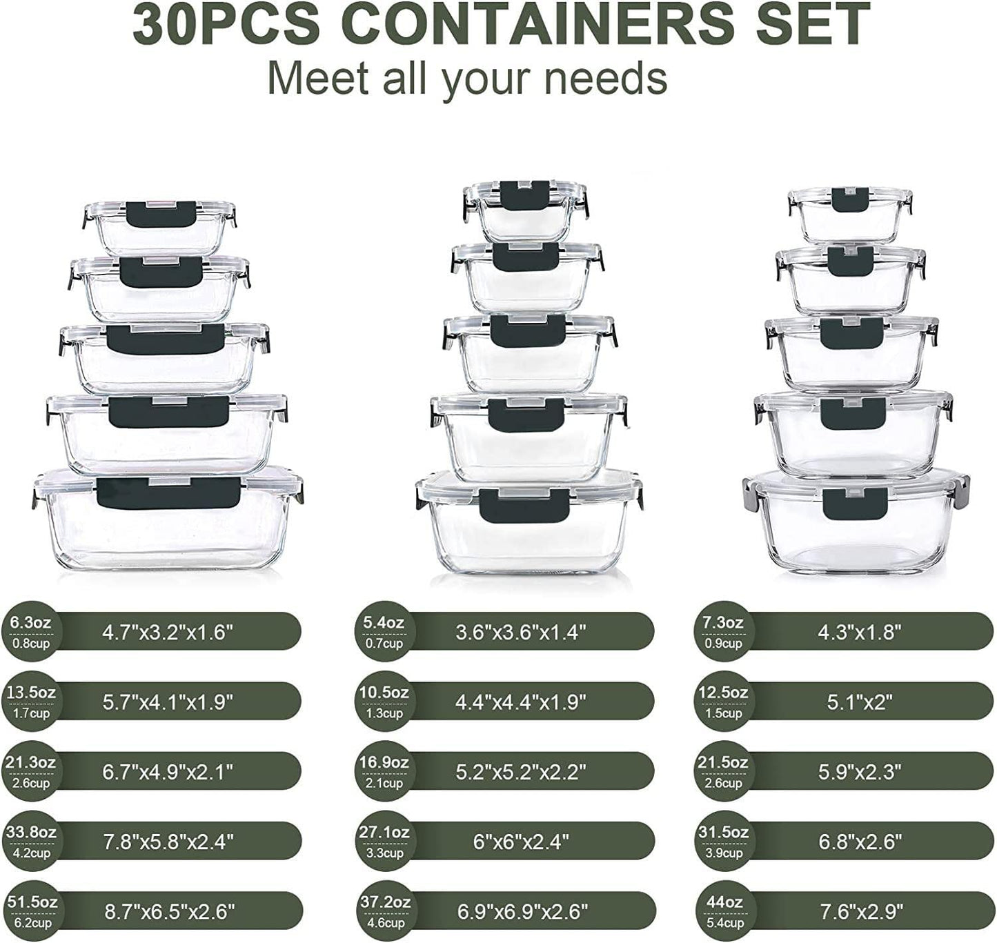 30 Pieces Glass Food Storage Containers Set, Glass Meal Prep Containers Set with Snap Locking Lids, Airtight Glass lunch Containers, BPA-Free, Microwave, Oven, Freezer & Dishwasher Friendly,Gray