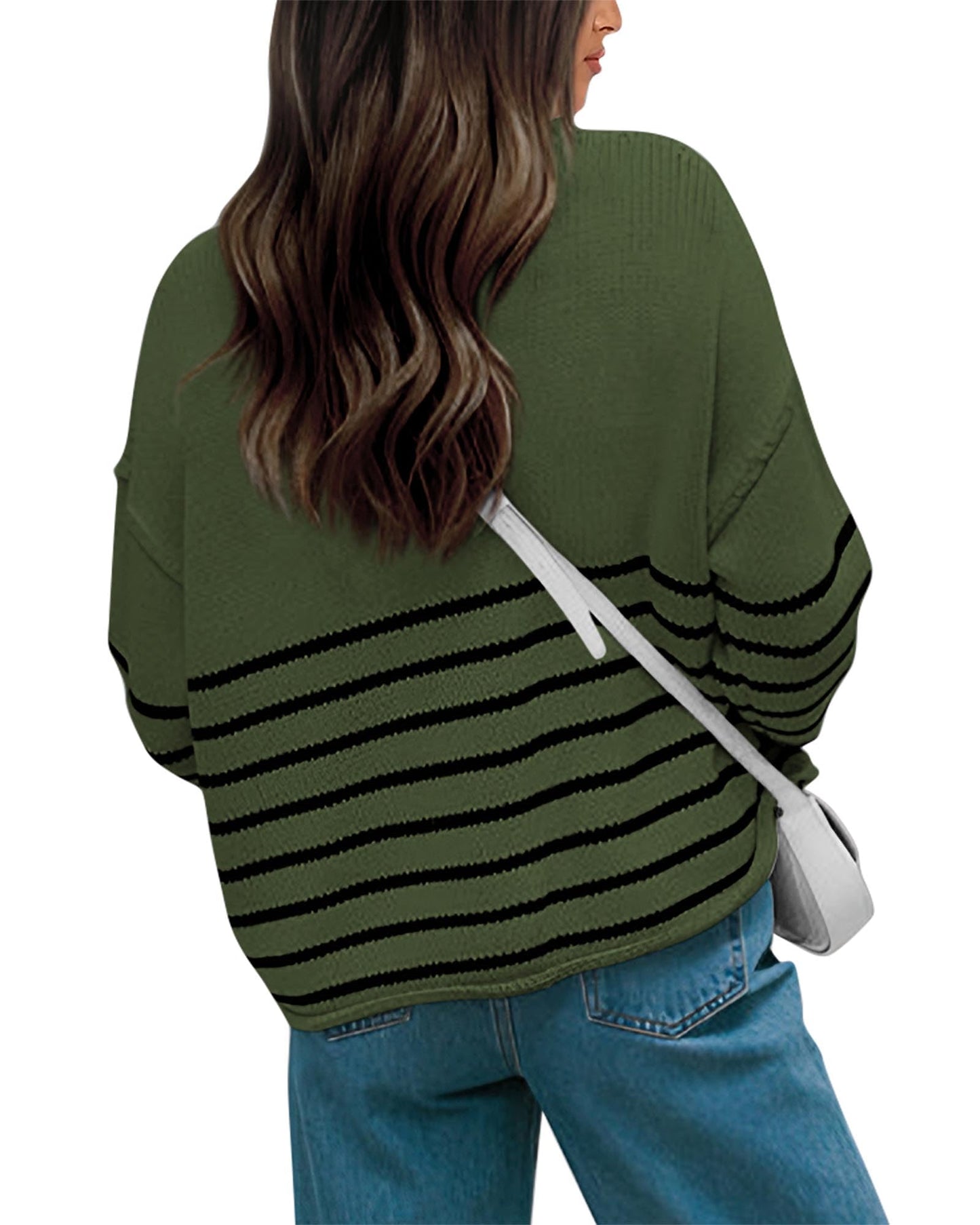 ***KIRUNDO Womens Fall Fashion Striped Sweater Casual Drop Shoulder Long Sleeve Crewneck Loose Knit Pullover Winter Tops(Army Green, X-Large)