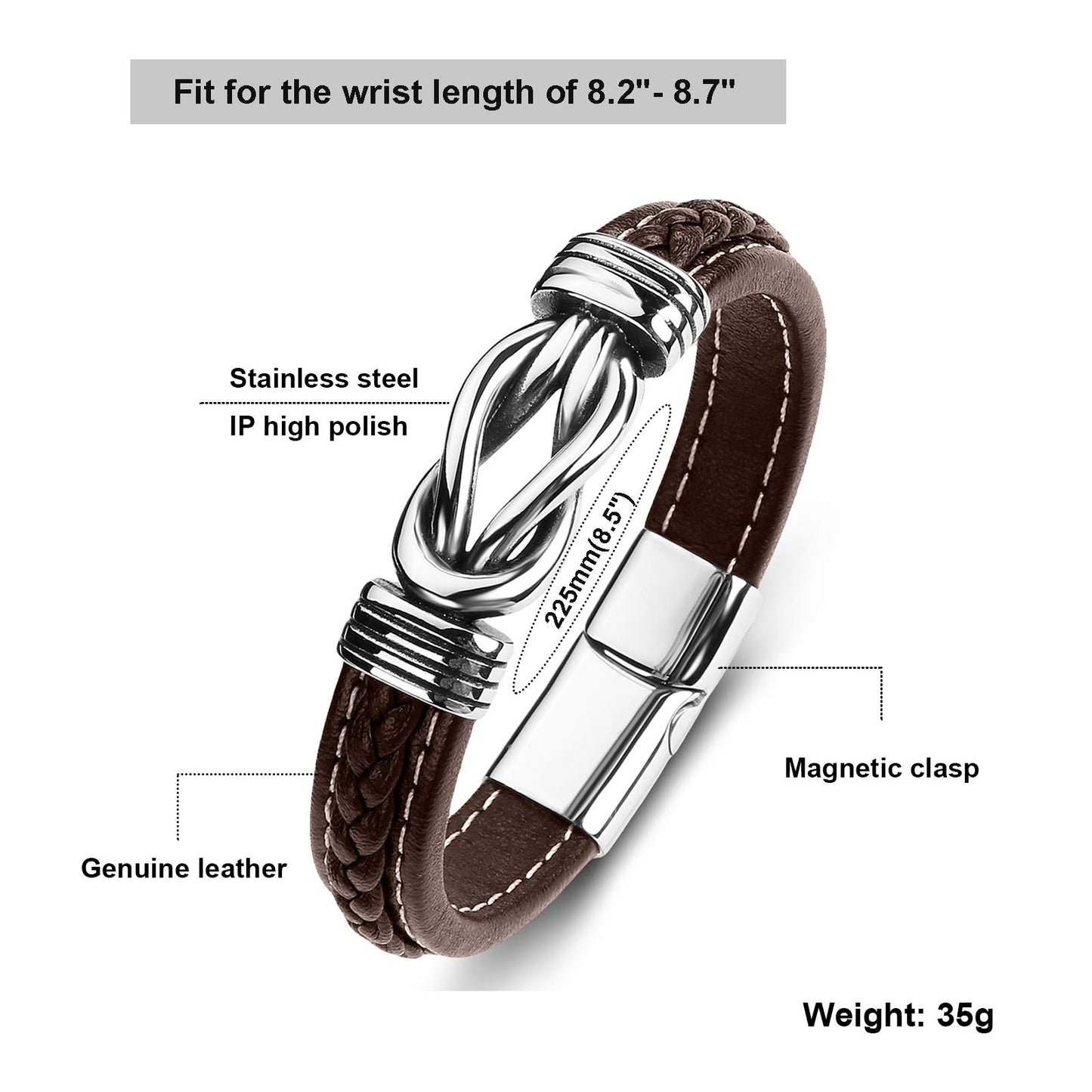 LJWVX Genuine leather Bracelet for Men Wristband Cuff Bangle Bracelets Stainless Steel Clasp 8.0-8.5 inches