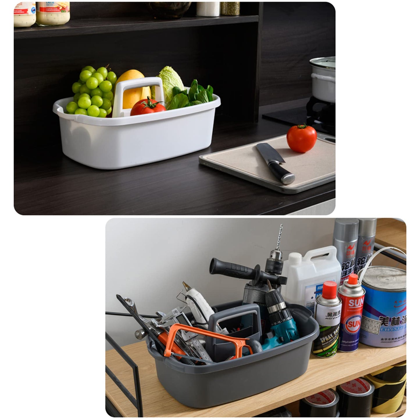 Cesta de ducha portátil grande para suministros de limpieza, organizador de suministros con asa, cubo de plástico para almacenamiento de herramientas para baño, dormitorio, cocina, dormitorio universitario, debajo del fregadero, jardín, gris oscuro