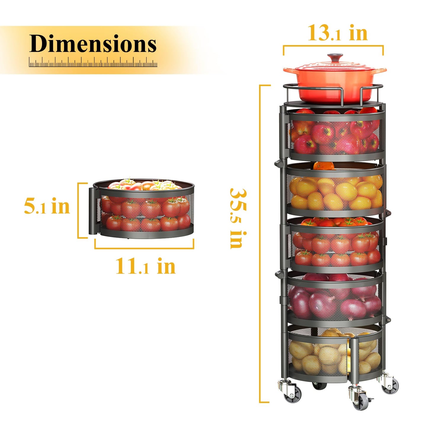 SNTD Fruit and Vegetable Basket Bowls for Kitchen with Metal Top Lid, 5 Tier Rotating Storage Rack Cart for Potato Onion Bread Banana, Wire Basket Organizer on Wheels, Large, Black