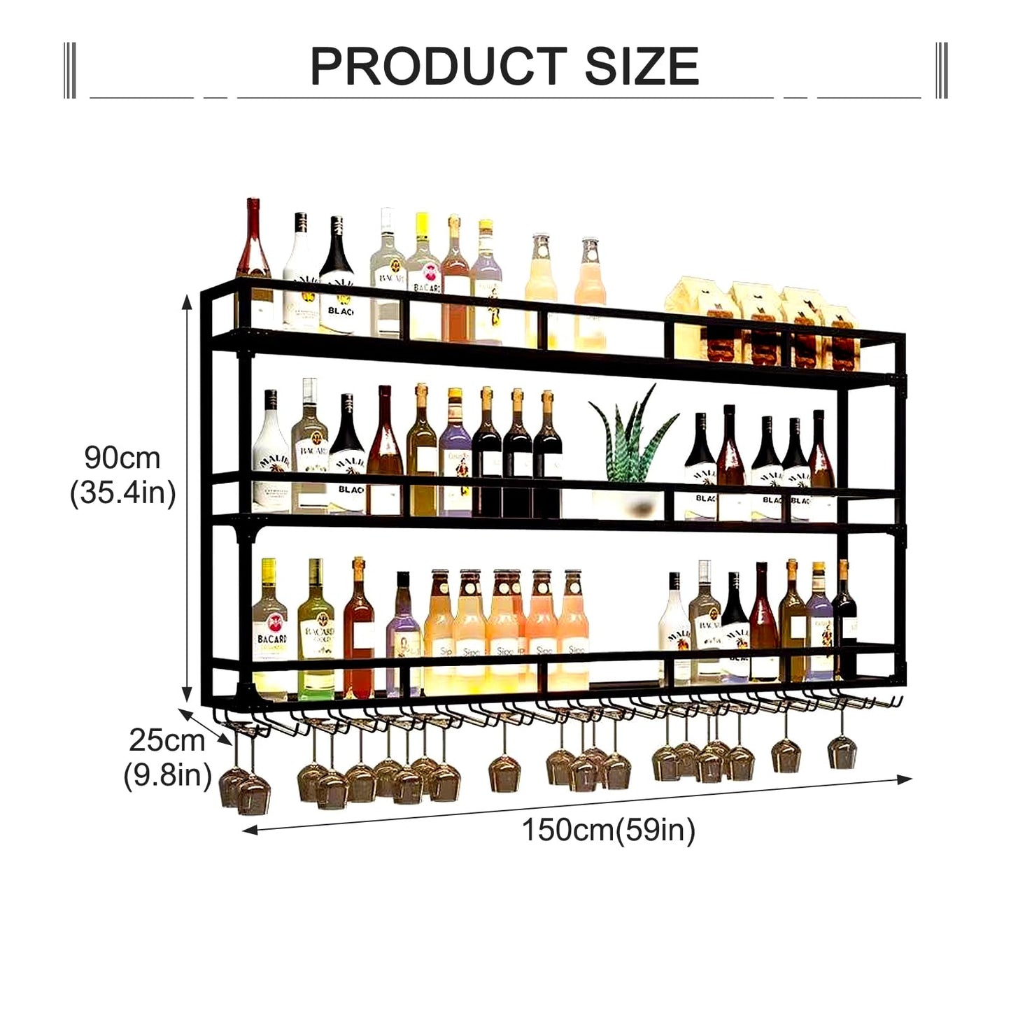 Wall Mounted Wine Rack 59In Glass Bottle Holder with LED Light, Large Metal Liquor Floating Shelf 3-Tiers Hanging Goblet Display Storage for Home Bar Kitchen Organizer Decor(Black, 59×9.8×35.4in)