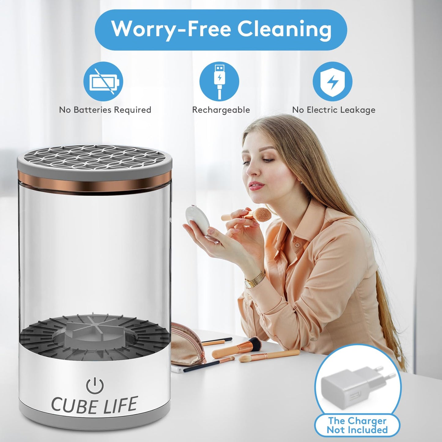 CUBE LIFE Electric Makeup Brush Cleaner, Updated Automatic Spinning Makeup Brush Cleaner, 1200mAh Cosmetic Brush Cleaner For All Type Makeup Brushes, Makeup Brush Cleaner Machine with Brush Clean Mat