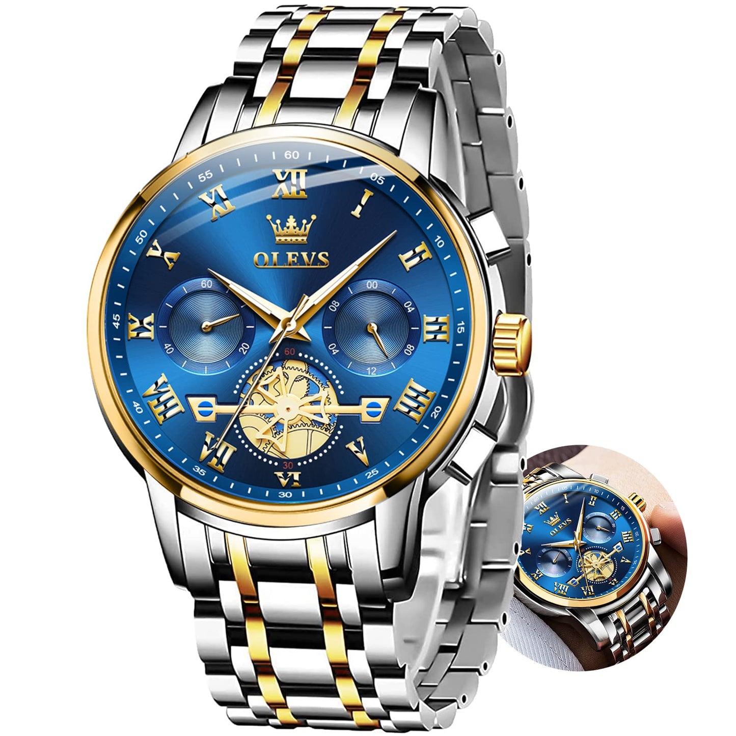 Gold and Blue Mens Watch Chronograph Two Tone Luxury Stainless Steel Multi-Function Big Face Watches for Men Tourbillon Waterproof Dress Quartz Analog Men's Wrist Watch Reloj De Hombre