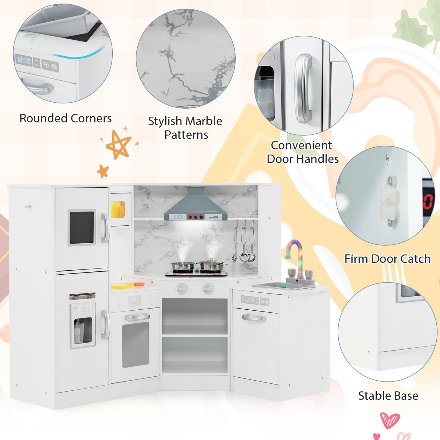 Costzon Corner Kids Kitchen Playset, Wooden Pretend Toy Kitchen Set with Real Sounds & Light, Running Water, Separated Washing Basin, Microwave, Ice Maker, Toddler Play Kitchen for Boys Girls 3+