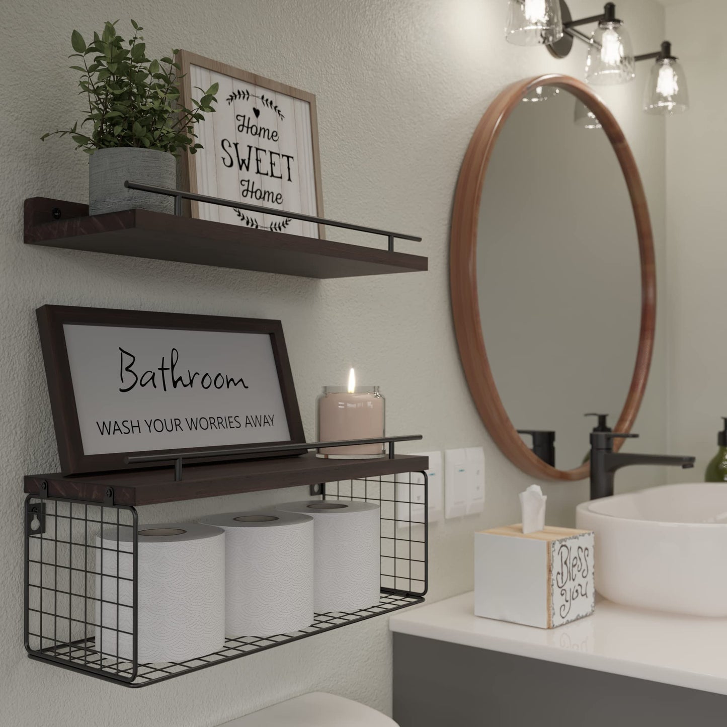 WOPITUES Floating Shelves with Bathroom Wall Décor Sign, Bathroom Shelf over Toilet with Storage Basket Set of 3, Shelf with Guardrail-Rustic Brown