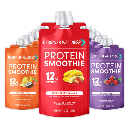 Batido de proteínas Designer Wellness, fruta real, 12 g de proteína, bajo en carbohidratos, cero azúcar añadido, sin gluten, sin OGM, sin colorantes ni sabores artificiales, paquete variado, 12 unidades