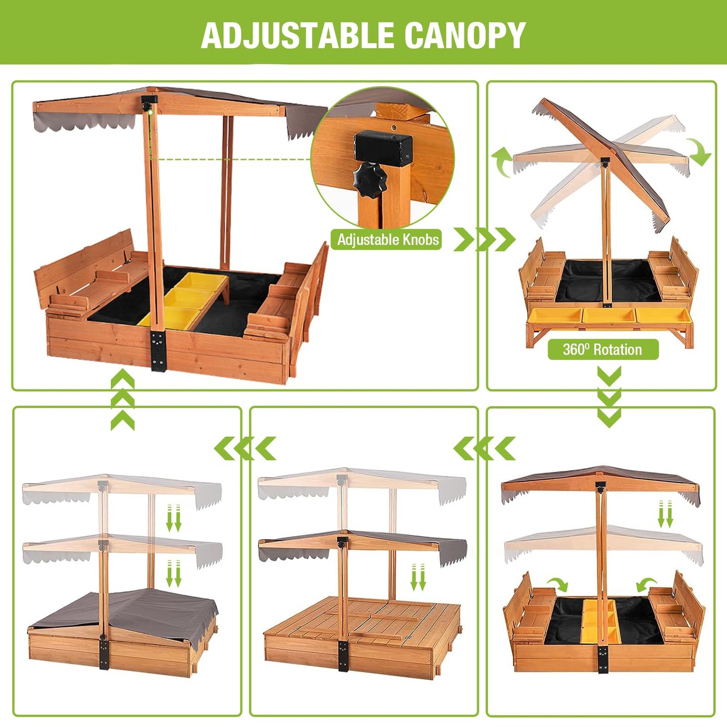 GUTINNEEN Wooden Sandbox Backyard Sand Box with Cover, Outdoor Sandbox for Kids with 3 Toy Bins