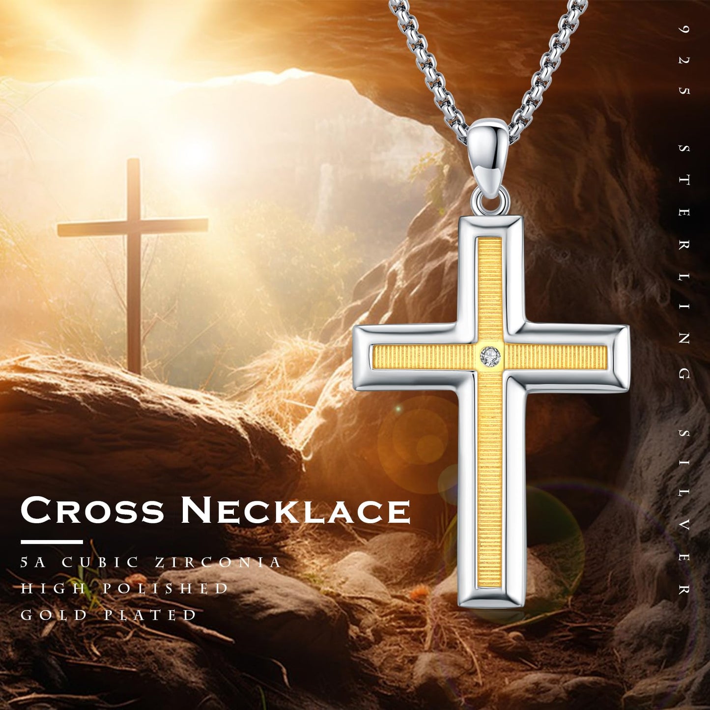 CRWENG Cross Necklace for Men 925 Sterling Silver Cross Pendant Necklace 14K Gold Plated Cross Necklace Jewelry Religious Gothic Punk Necklace Birthday Christmas Gift for Men