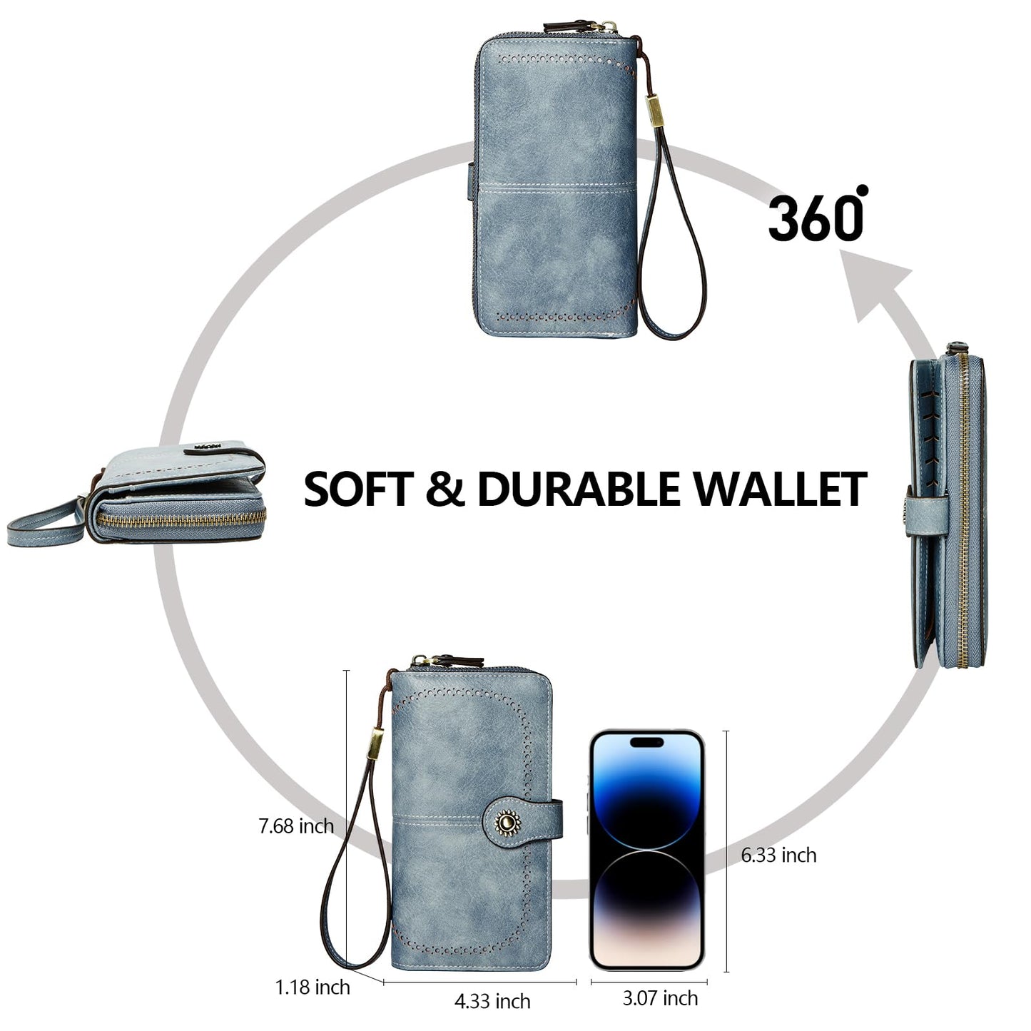 TFKGS Wallet for Women RFID Blocking Leather Large Capacity Card Holder Ladies Phone Clutch Travel Long Purse Wristlet Blue