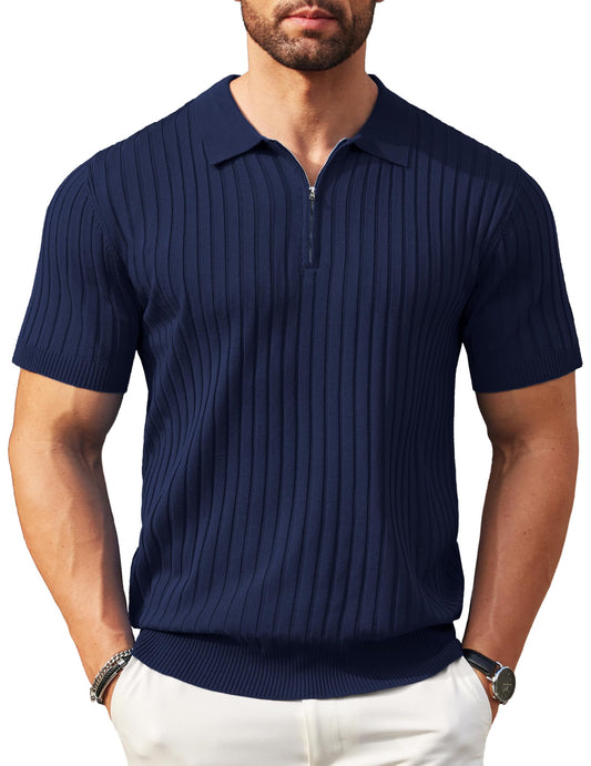 COOFANDY Men's Zipper Polo Shirts Short Sleeve Ribbed Knit Polo T Shirts Fashion Casual Golf Shirts Navy Blue