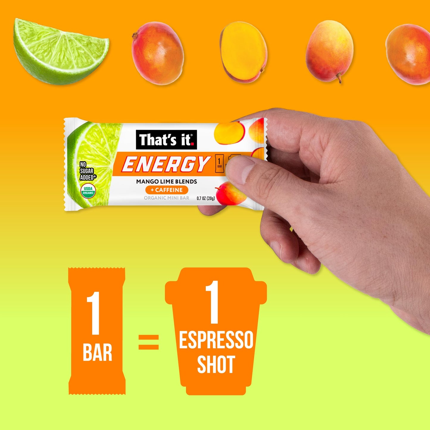 That's it. Mango Lime Caffeine Blends Energy Mini Bars (15 Count) Allergy-Friendly, Nut Free, non-GMO, Fat & Gluten Free Snacks