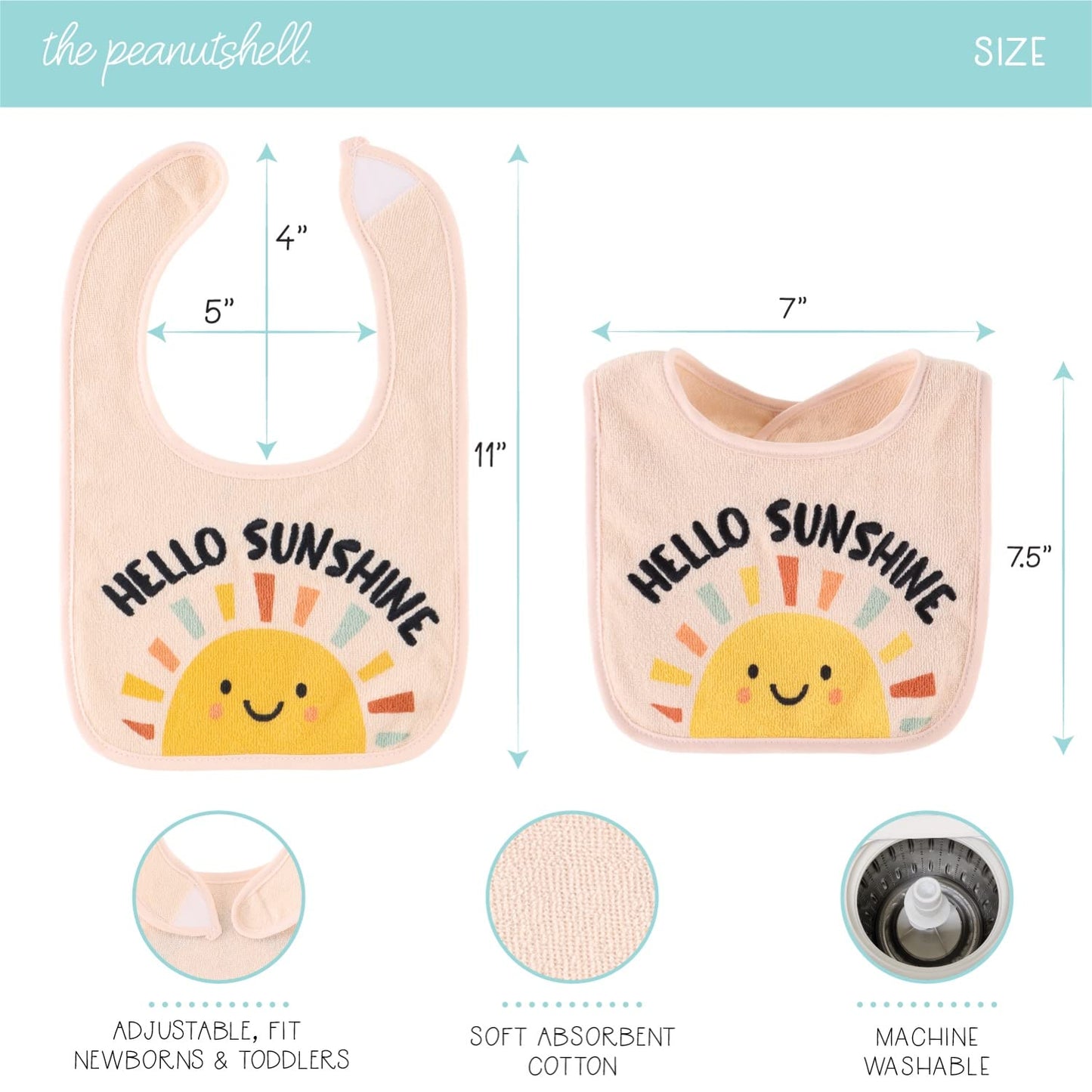 Babero de felpa Peanutshell para bebé, paquete unisex de 10 unidades, para alimentación, dentición y babeo Hello Sunshine