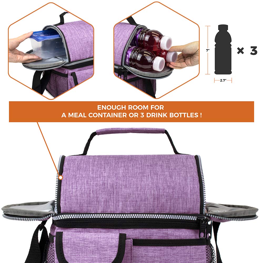 opux Lunch Bag Women Insulated, Adult Lunch Box Cooler, Lunch Box for Men, Dual Compartment Lunchbox for Work, Leakproof Double Decker Lunch Bag, Soft Lunch Pail Tote Girls Boys Kids School, Purple