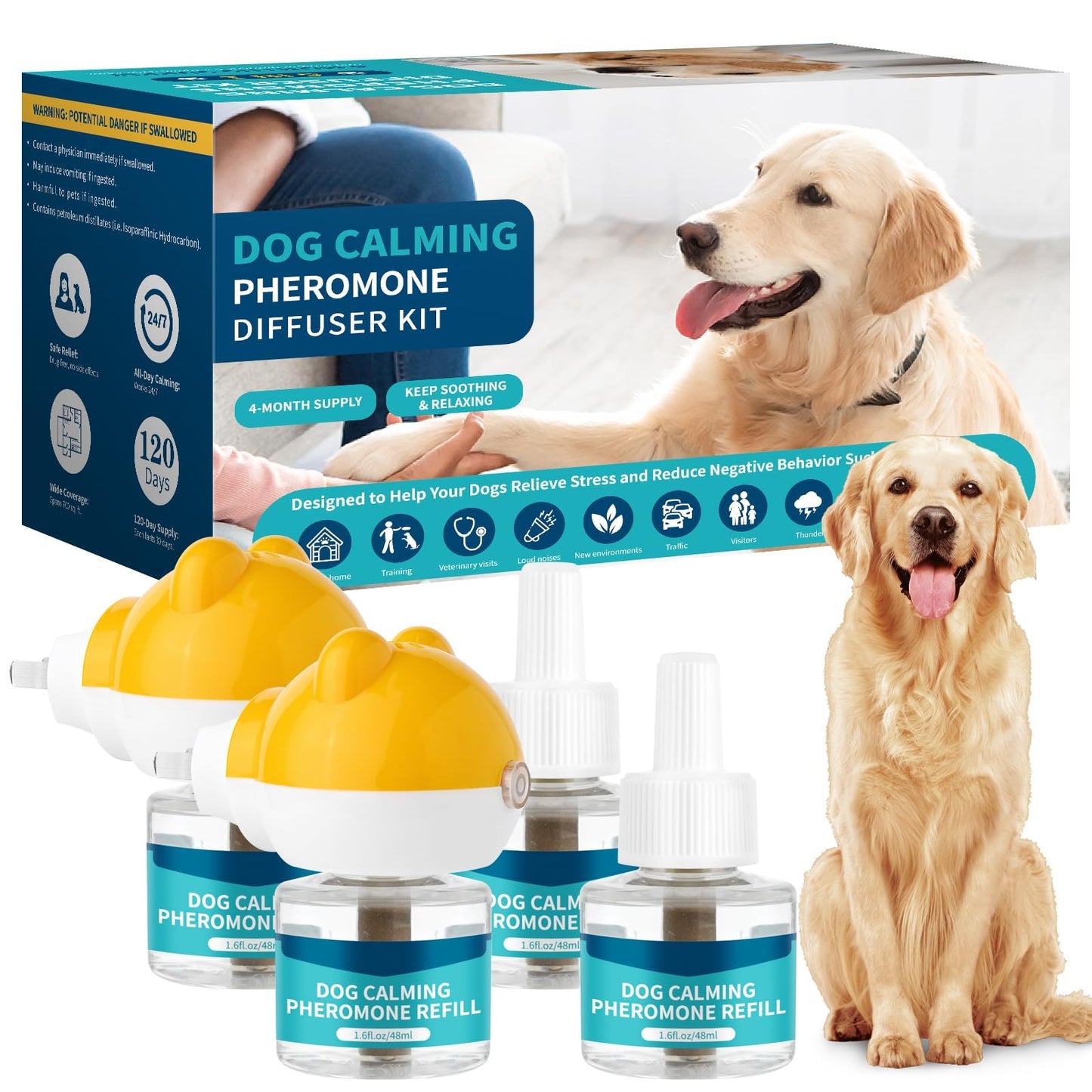 Dog Calming Diffuser, Dog Calming Pheromones Diffuser for Dog, 6-in-1 Calming Plug-in for Dog with 2 Diffuser + 4 Refills