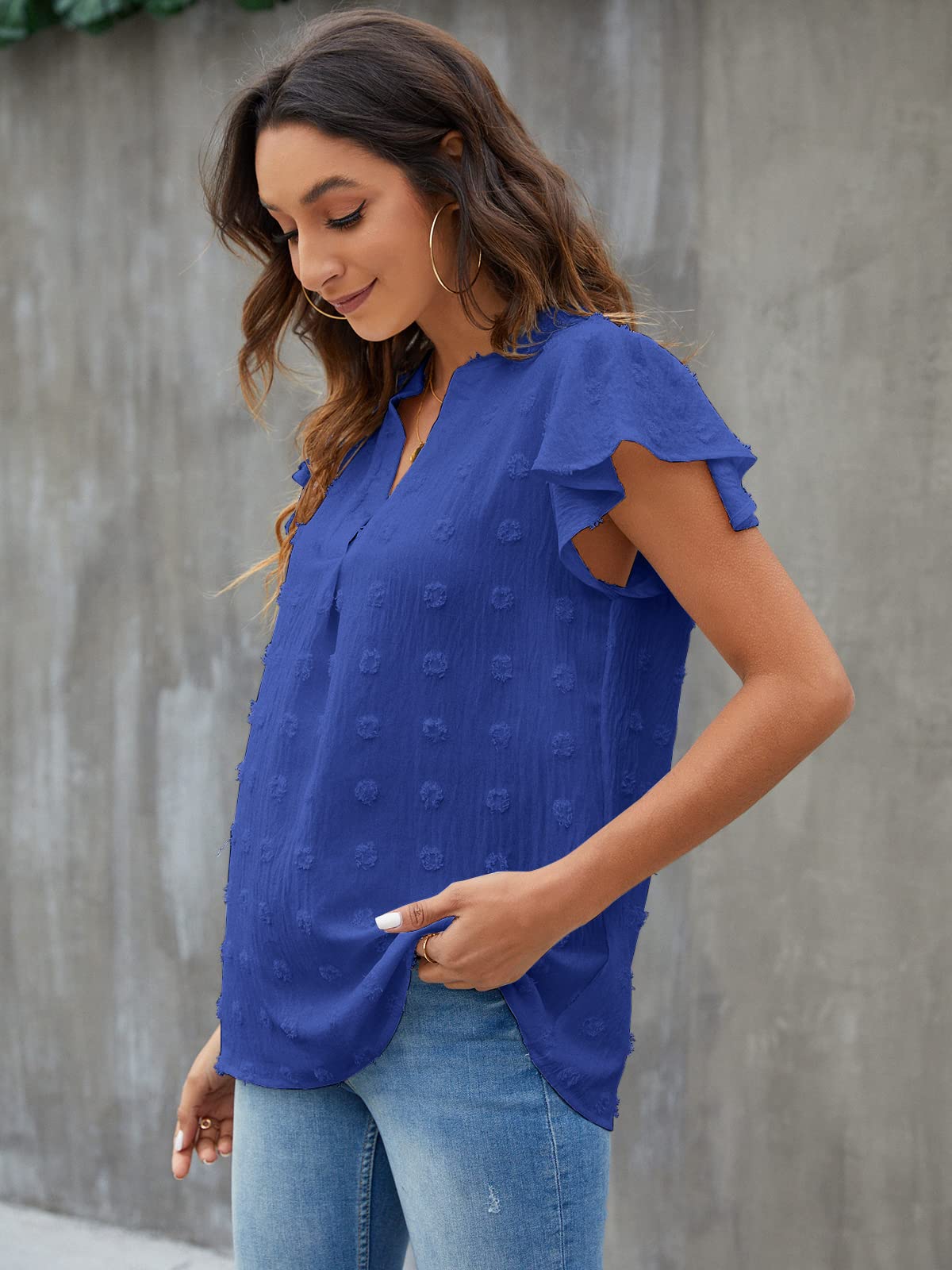 Blusa blanca con escote en V y mangas con volantes para mujer de Blooming Jelly, blusas elegantes e informales para verano (talla mediana, azul real)