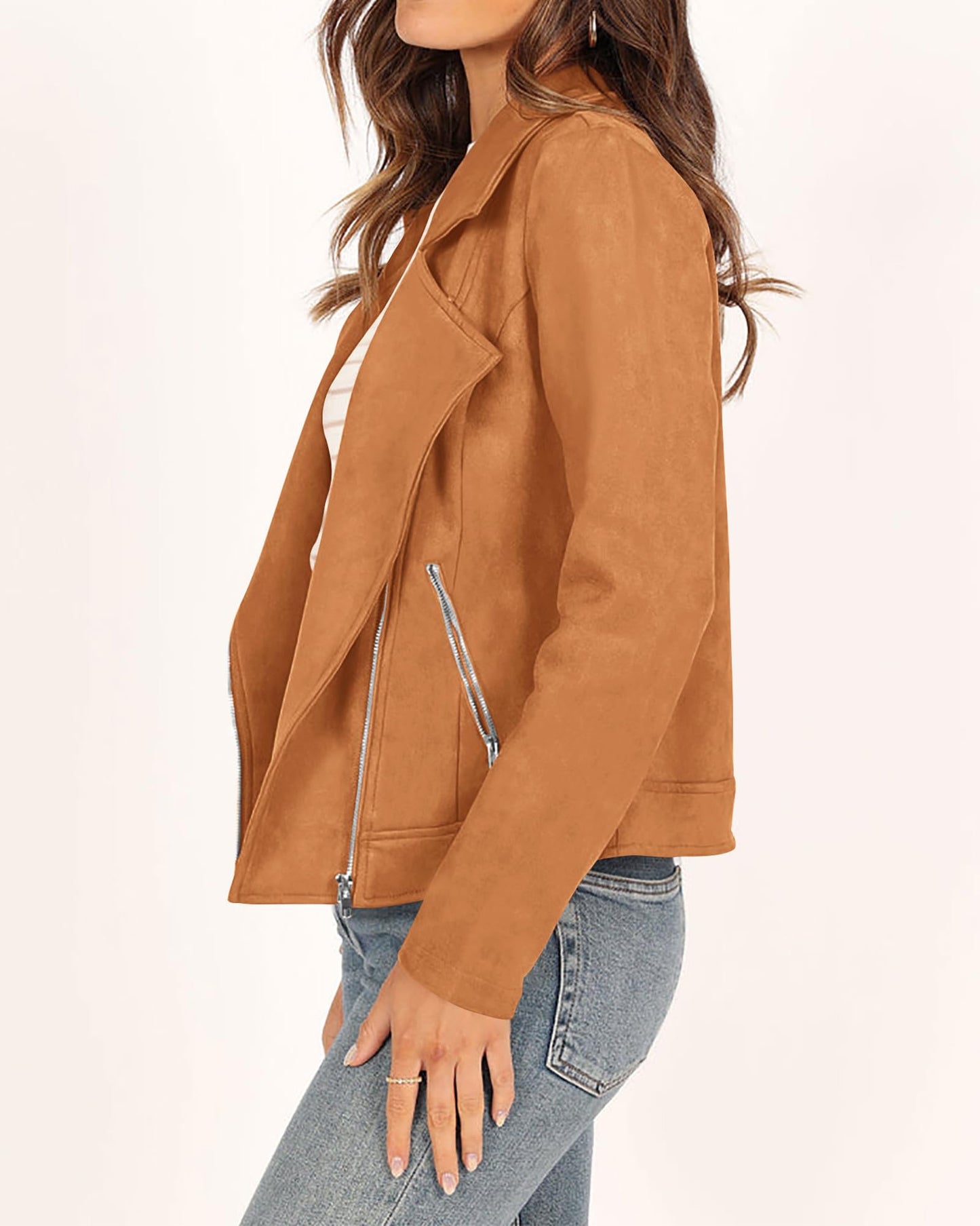 ***KIRUNDO 2024 Fall Trends Women's Casual Open Front Faux Suede Motorcycle Jackets Solid Zipped Notch Lapel Short Coats(Brown, XX-Large)