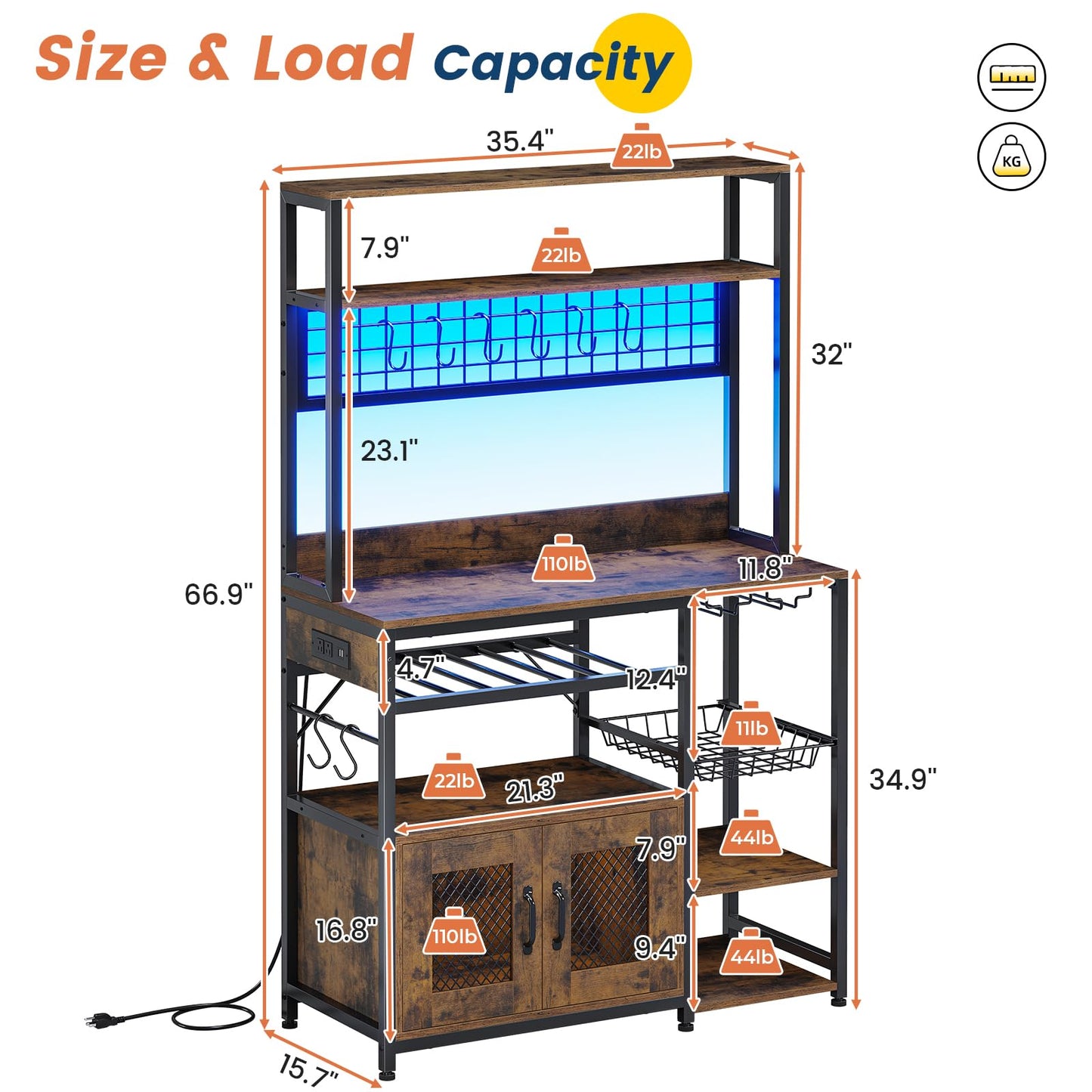 VIGKOOK Kitchen Bakers Rack with Storage Shelves, Microwave Stand with Power Outlet and LED Light, Coffee Bar Cabinet Wire Basket Metal Grid Wine Rack Goblet Holder Hooks (Rustic Brown)