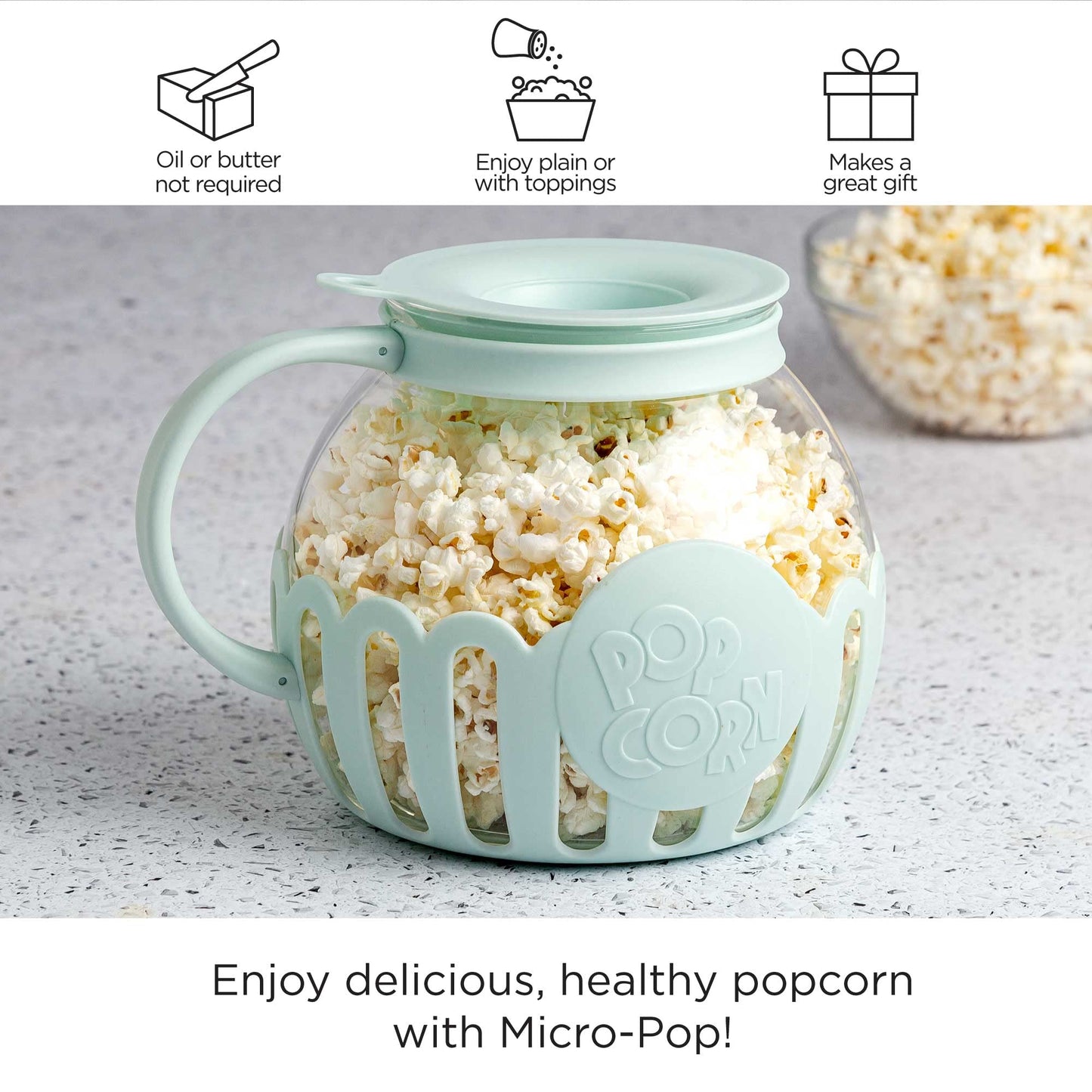 Ecolution Patented Micro-Pop Microwave Popcorn Popper with Temperature Safe Glass, 3-in-1 Lid Measures Kernels and Melts Butter, Made Without BPA, Dishwasher Safe, 3-Quart, Aqua