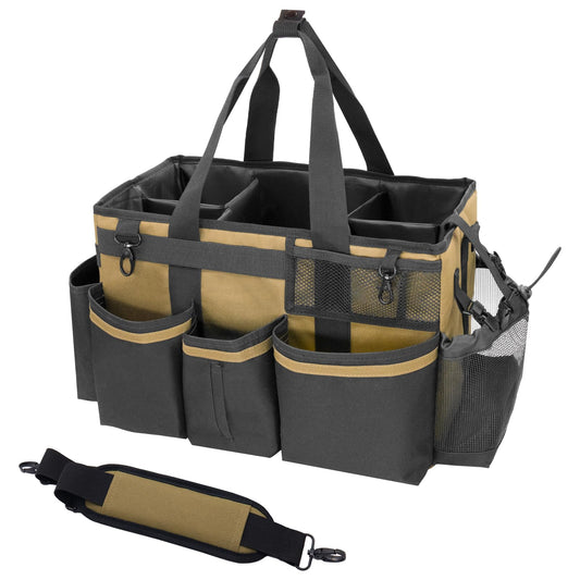 SCAVATA - Organizador de artículos de limpieza portátil con asa y correas para el hombro para amas de casa, bolsa organizadora de herramientas de limpieza debajo del fregadero y del automóvil con 4 divisores plegables (bronceado)