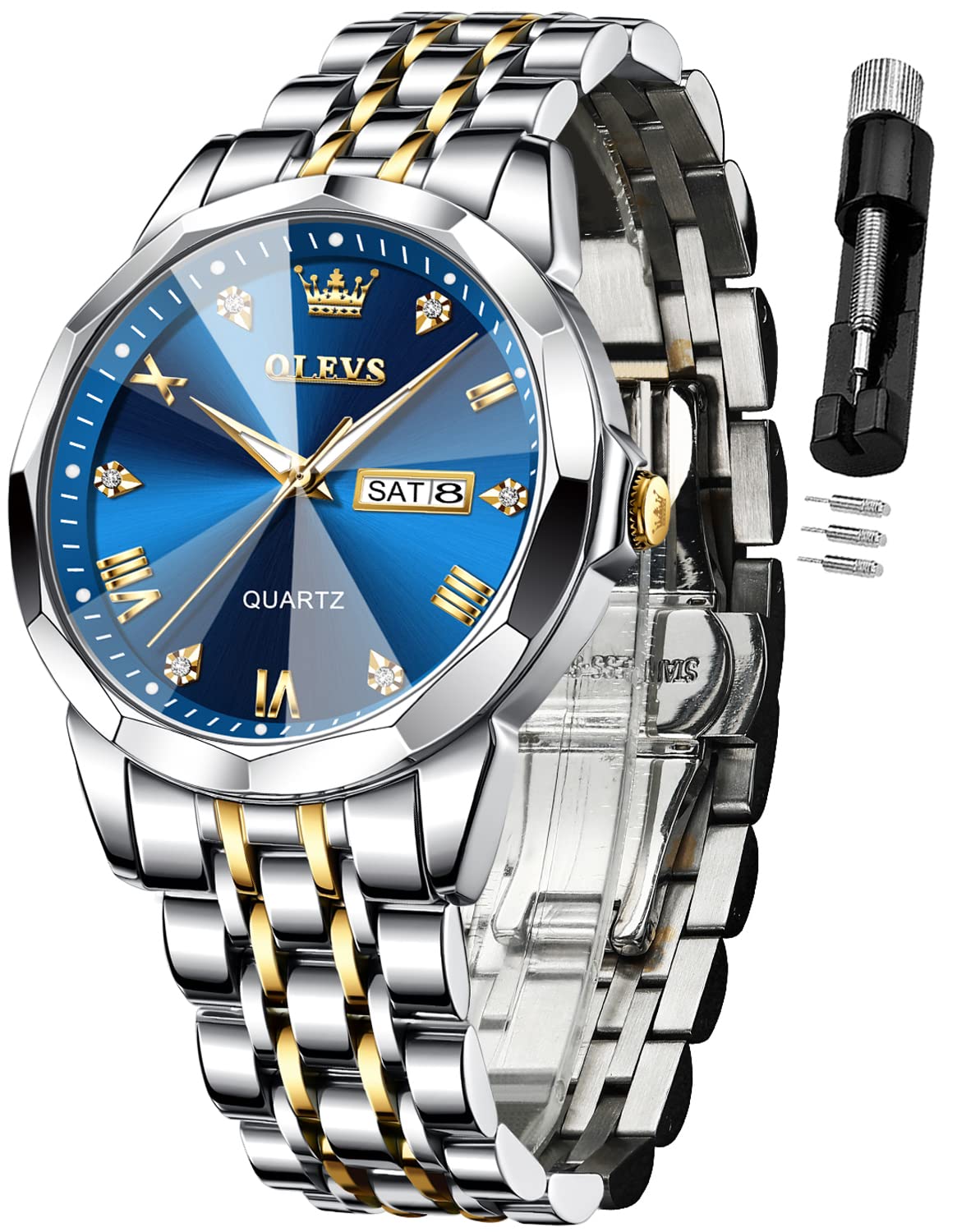 Reloj OLEVS para hombre, de acero inoxidable, analógico, de cuarzo, resistente al agua, luminoso, con fecha, de lujo, informal, de dos tonos, color azul