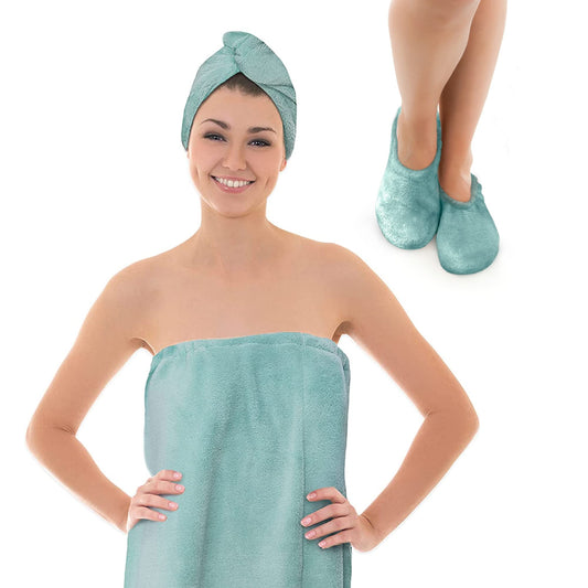 MICRODRY 3-Piece Bathroom Spa Set, Includes Quick Drying Plush Microfiber Hair Towel Wrap, Body Wrap, and Cushioned SoftLux Memory Foam Footies House Slippers, Aqua