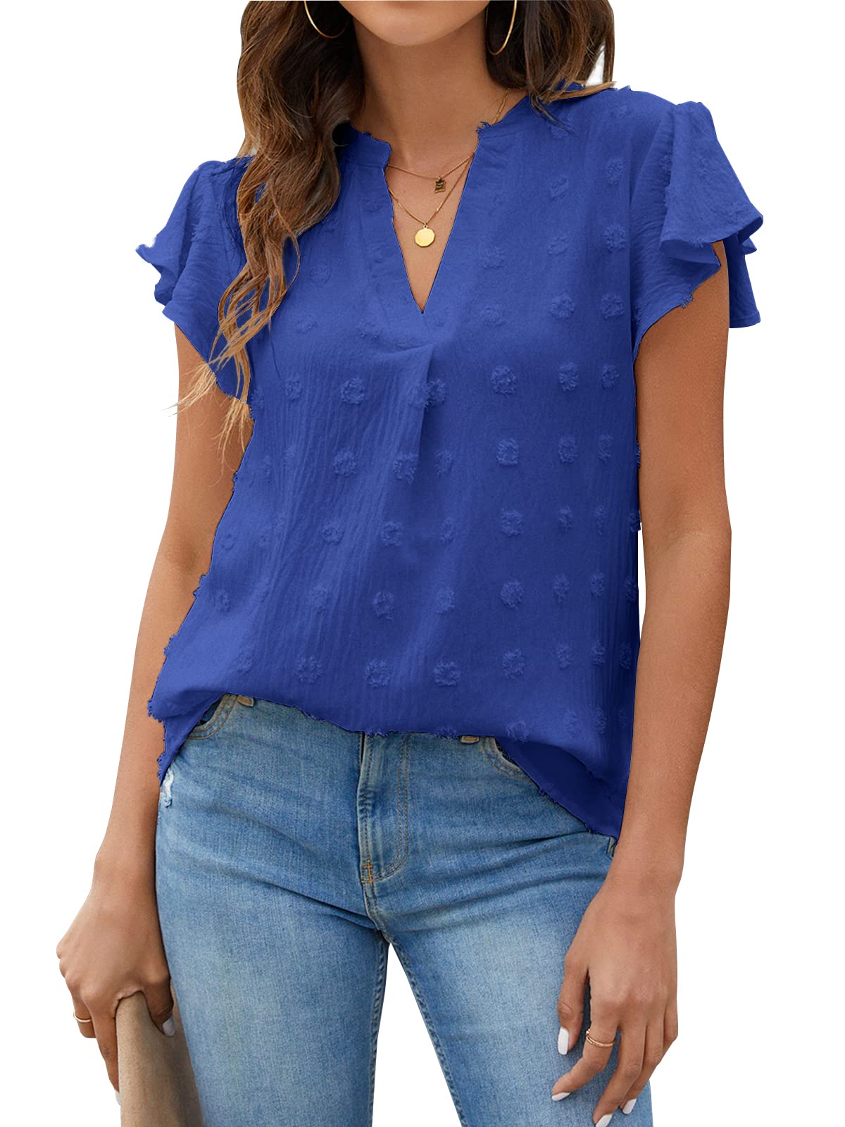 Blusa blanca con escote en V y mangas con volantes para mujer de Blooming Jelly, blusas elegantes e informales para verano (talla mediana, azul real)