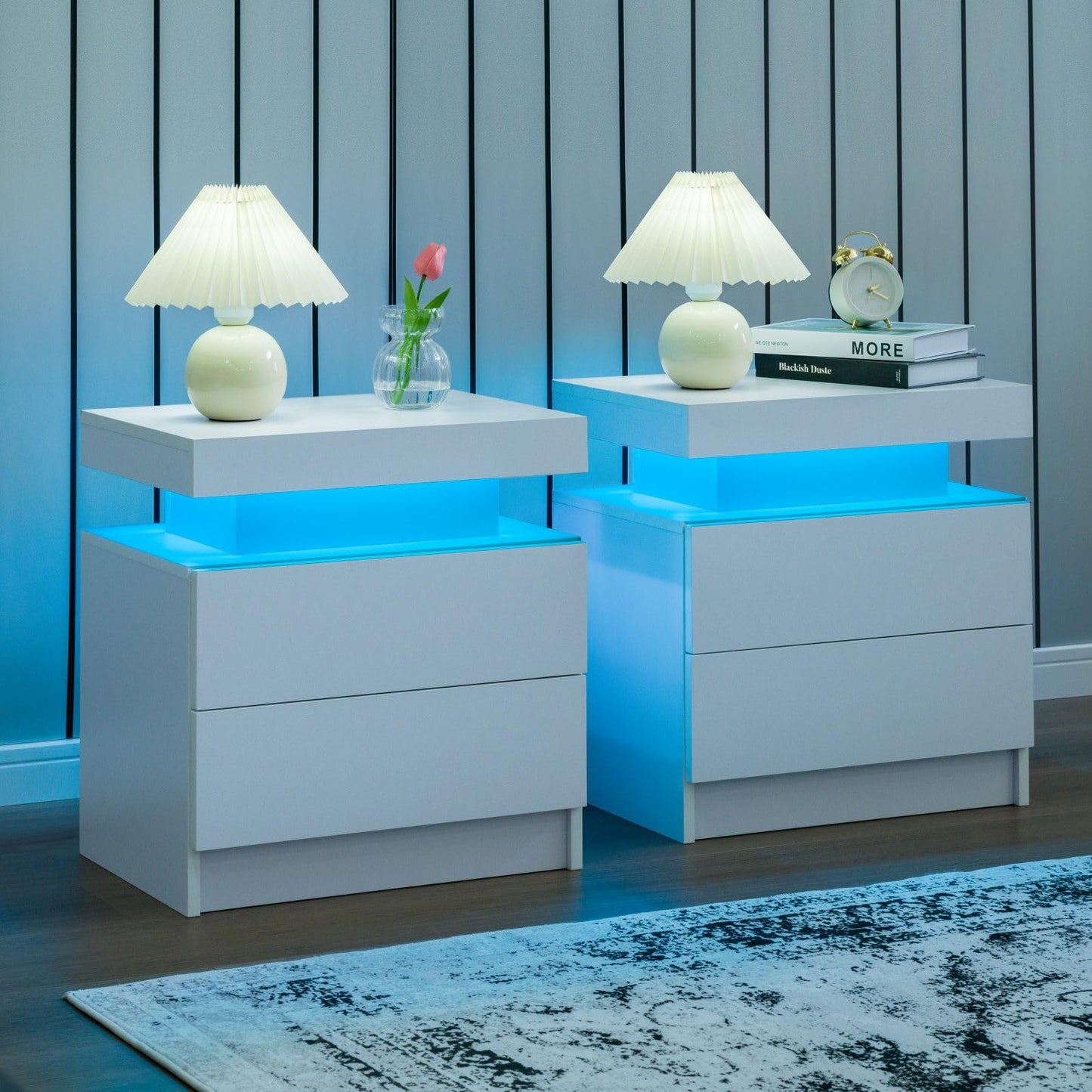 i-aplus Nightstand Set of 2 LED Nightstand with 2 Drawers, Bedside Table with Drawers for Bedroom Furniture