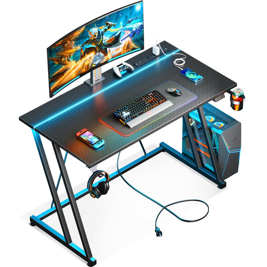 MOTPK Small Gaming Desk with LED Lights & Power Outlet, Computer Desk 39inch for Small Space