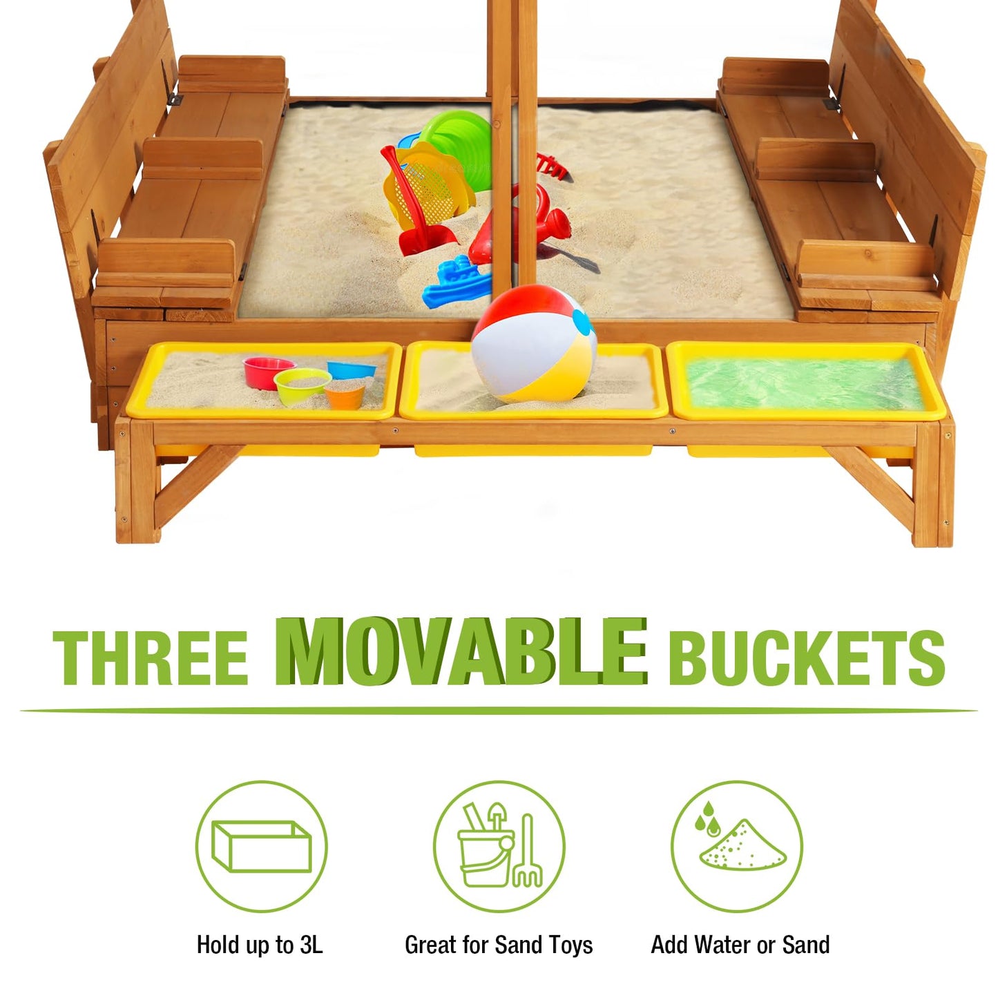 GUTINNEEN Wooden Sandbox Backyard Sand Box with Cover, Outdoor Sandbox for Kids with 3 Toy Bins