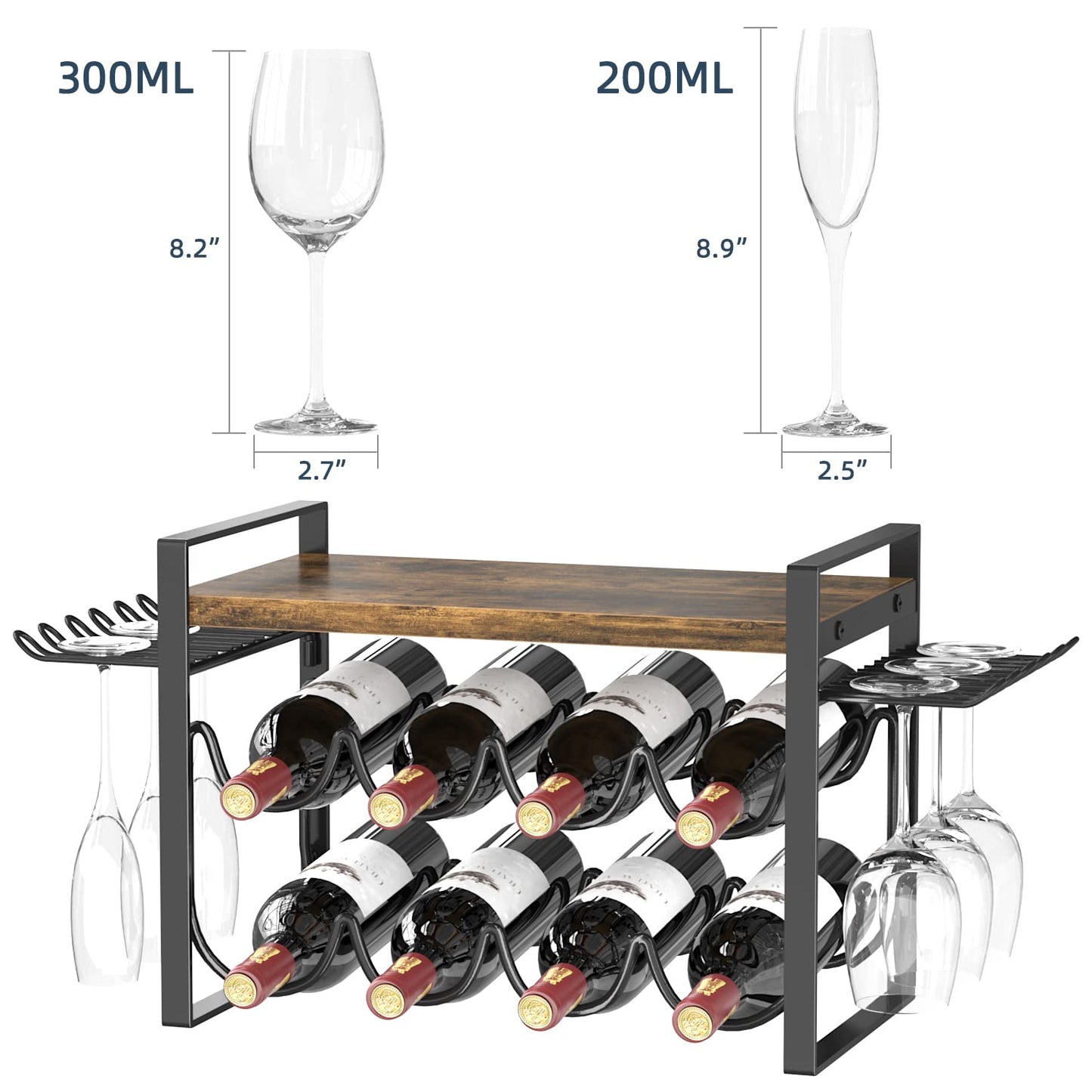 JAFUSI Botellero con soporte para copas, botellero de encimera con marco de metal, soporte para vino con bandeja de madera, botellero para decoración del hogar y almacenamiento de cocina (capacidad para 8 botellas y 4 a 6 copas)