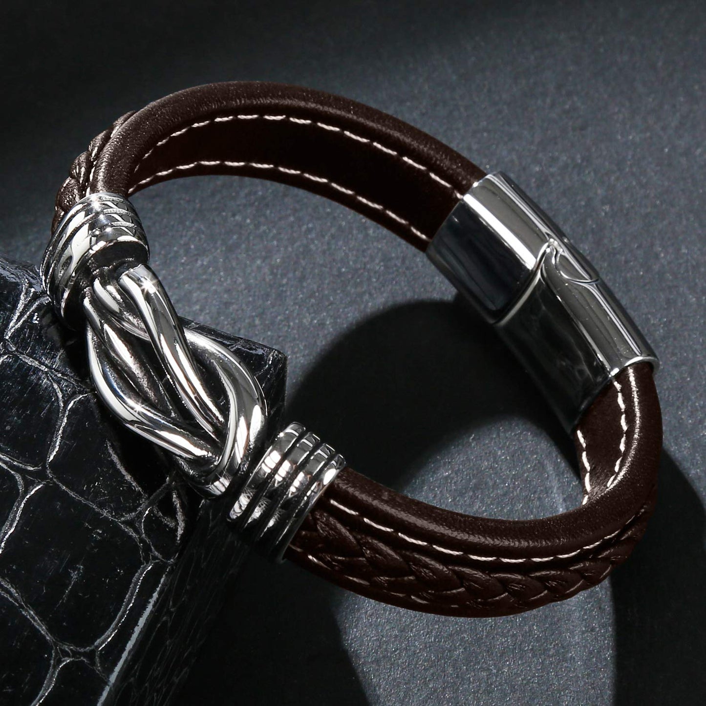 LJWVX Genuine leather Bracelet for Men Wristband Cuff Bangle Bracelets Stainless Steel Clasp 8.0-8.5 inches