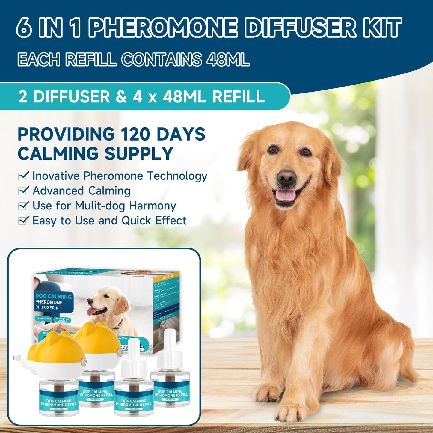 Dog Calming Diffuser, Dog Calming Pheromones Diffuser for Dog, 6-in-1 Calming Plug-in for Dog with 2 Diffuser + 4 Refills