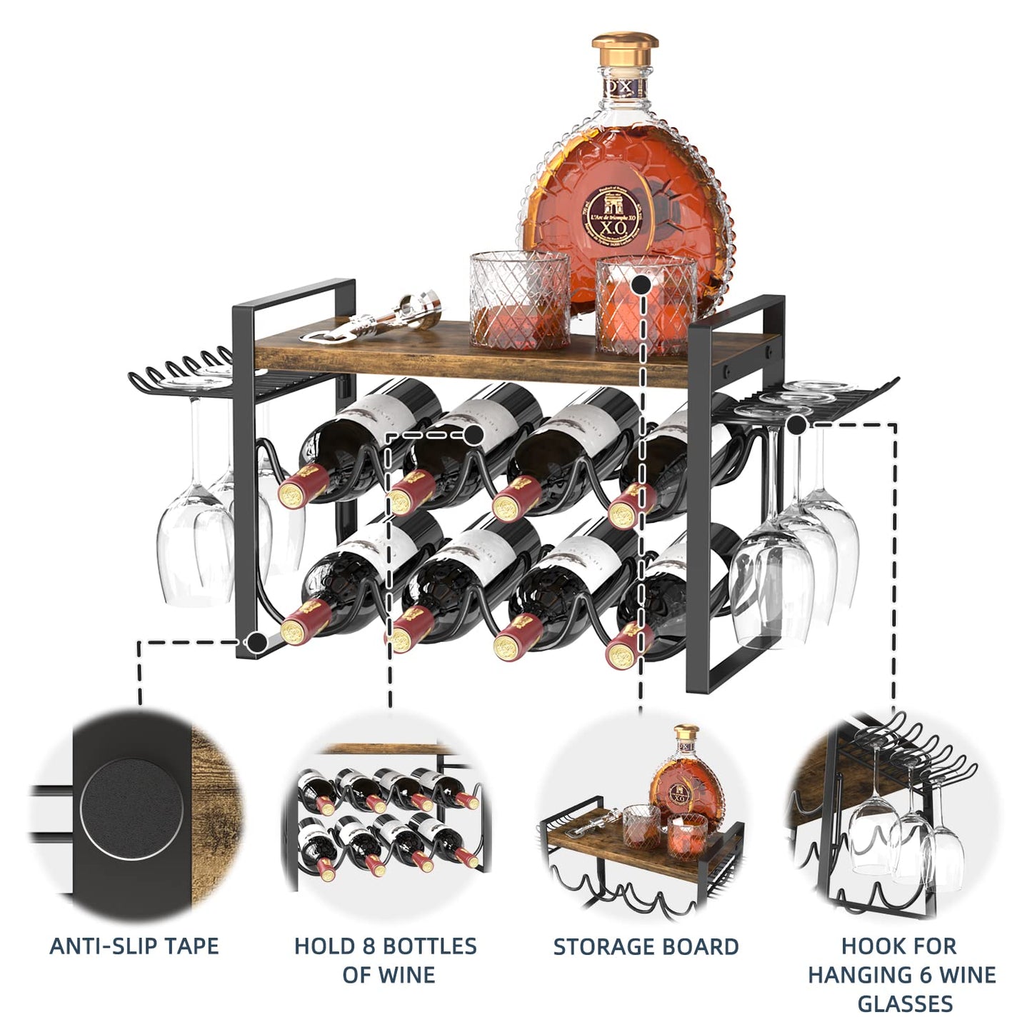 JAFUSI Botellero con soporte para copas, botellero de encimera con marco de metal, soporte para vino con bandeja de madera, botellero para decoración del hogar y almacenamiento de cocina (capacidad para 8 botellas y 4 a 6 copas)