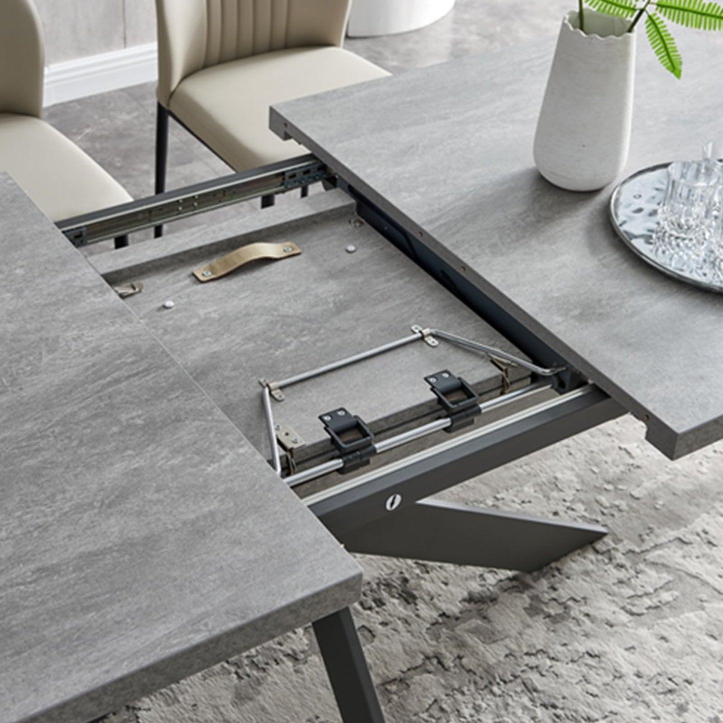 Mesa de comedor moderna ZckyCine para 6-8 personas, rectangular, expandible y ahorradora de espacio, con marco de metal (mesa gris + 6 sillas blancas)