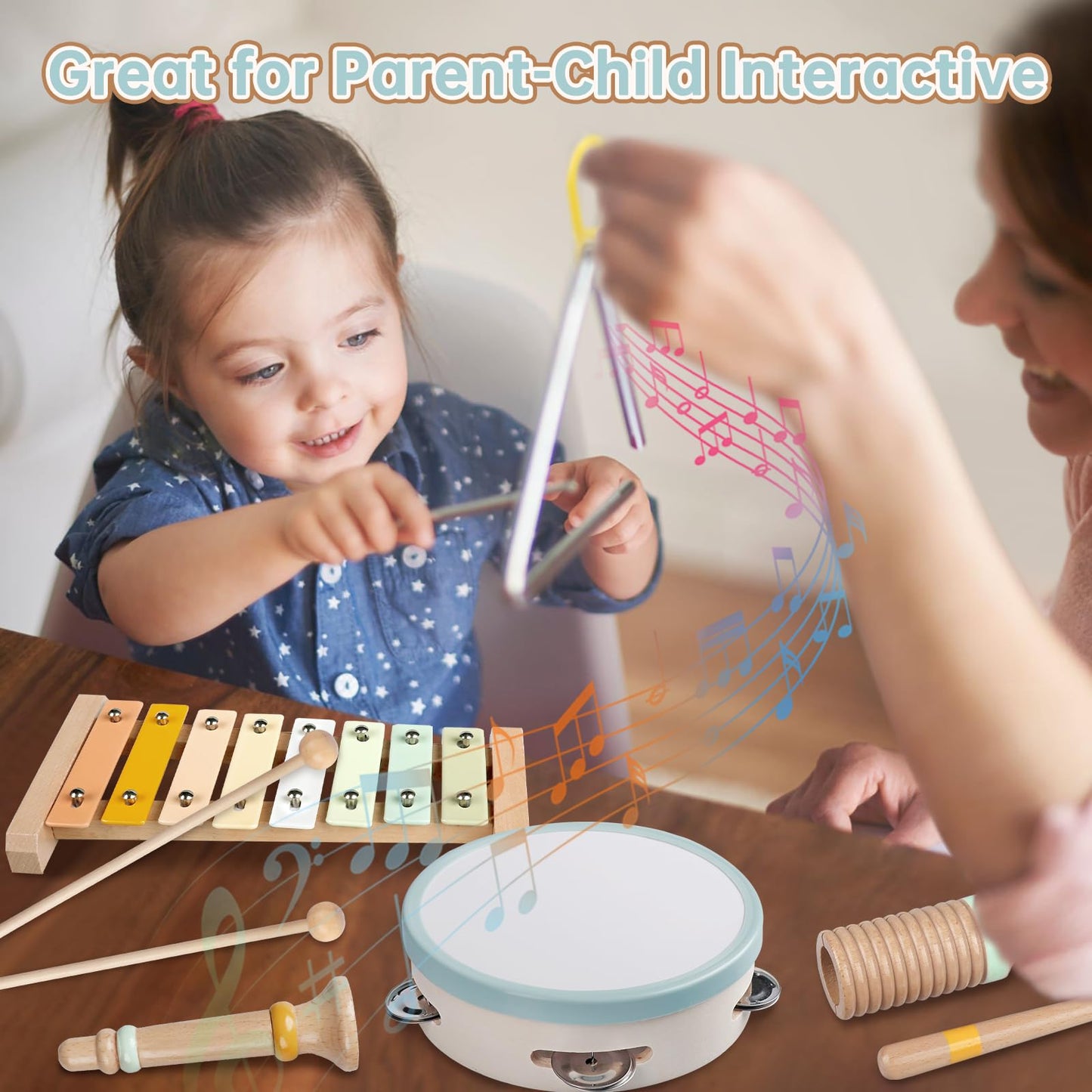 Musical Instruments - Neutral Color Musical Toys for Toddlers 1-3, Wooden Percussion Instruments for Kids, Modern Boho Xylophone Music Toys, Montessori Educational Baby Toys, Gender Neutral Baby Gifts