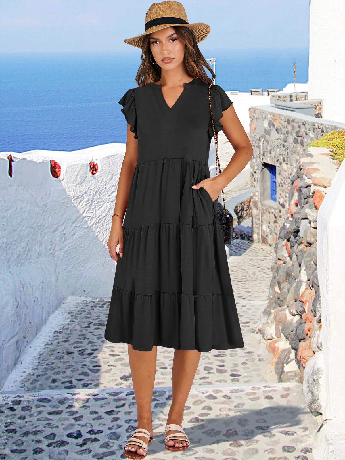 ANRABESS Vestido midi de verano para mujer con cuello en V y mangas con volantes 2024, vestido informal holgado con capas para vacaciones en la playa estilo bohemio, negro-L