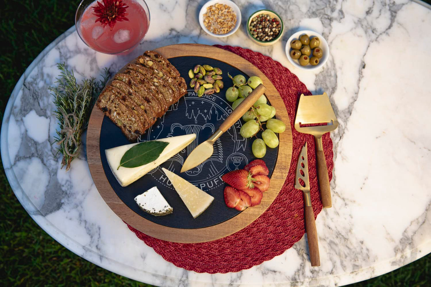 PICNIC TIME Harry Potter Hufflepuff Insignia Cheese Board & Knife Set, Charcuterie Board, Serving Platter, (Acacia Wood & Slate Black with Gold Accents)