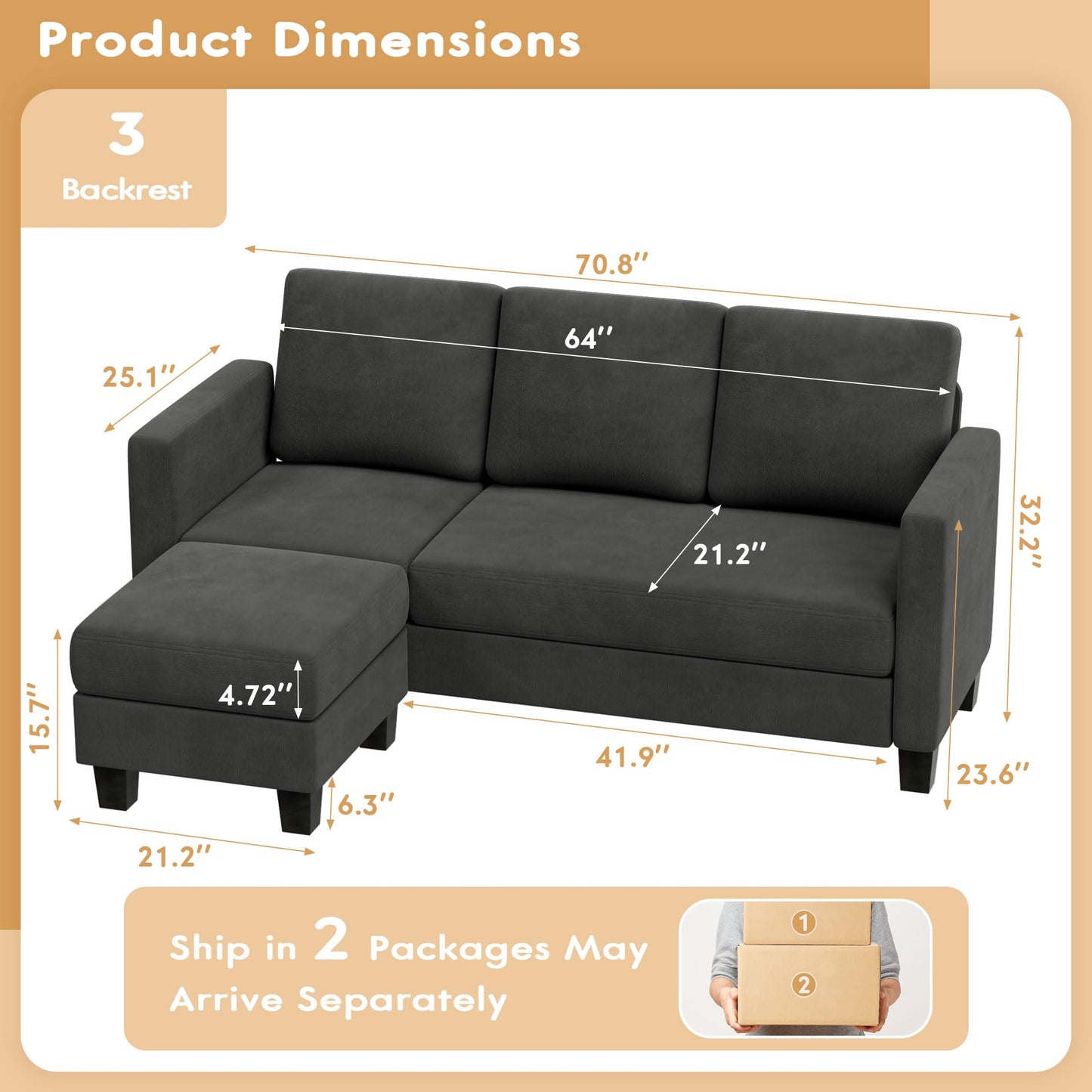 VICTONE Convertible Sectional Sofa Couch, 3 Seat L-Shaped Sofa with Linen Fabric, Movable Ottoman Small Couch for Small Apartments, Living Room and Office (Dark Gray)