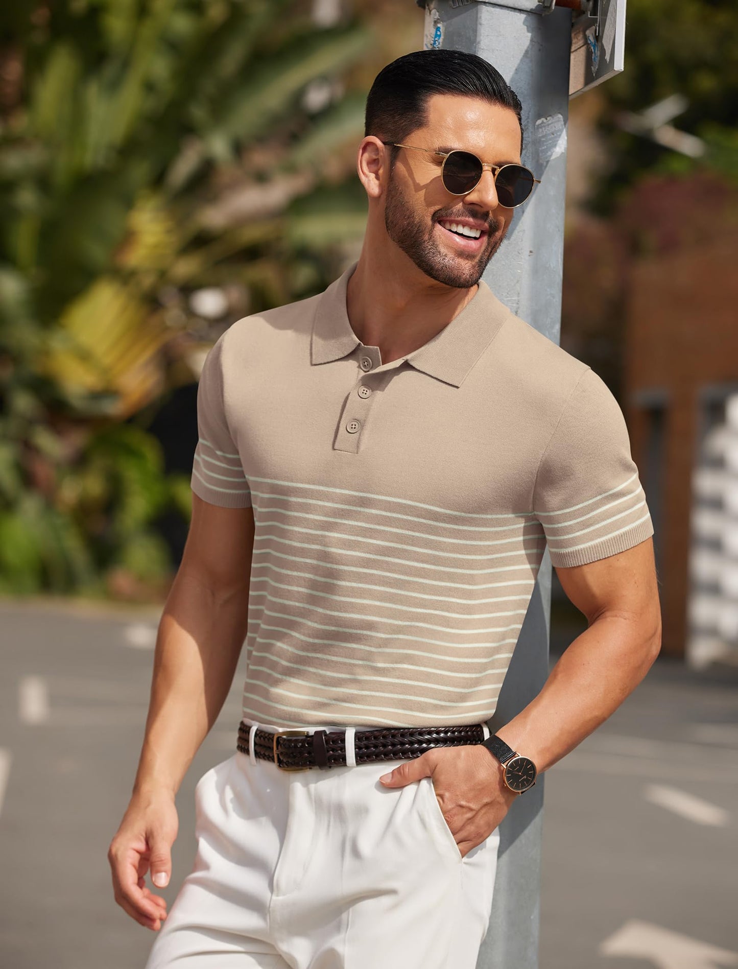 COOFANDY - Polos de manga corta para hombre, estilo vintage, de punto, informales, con botones, para golf, color caqui, talla XL