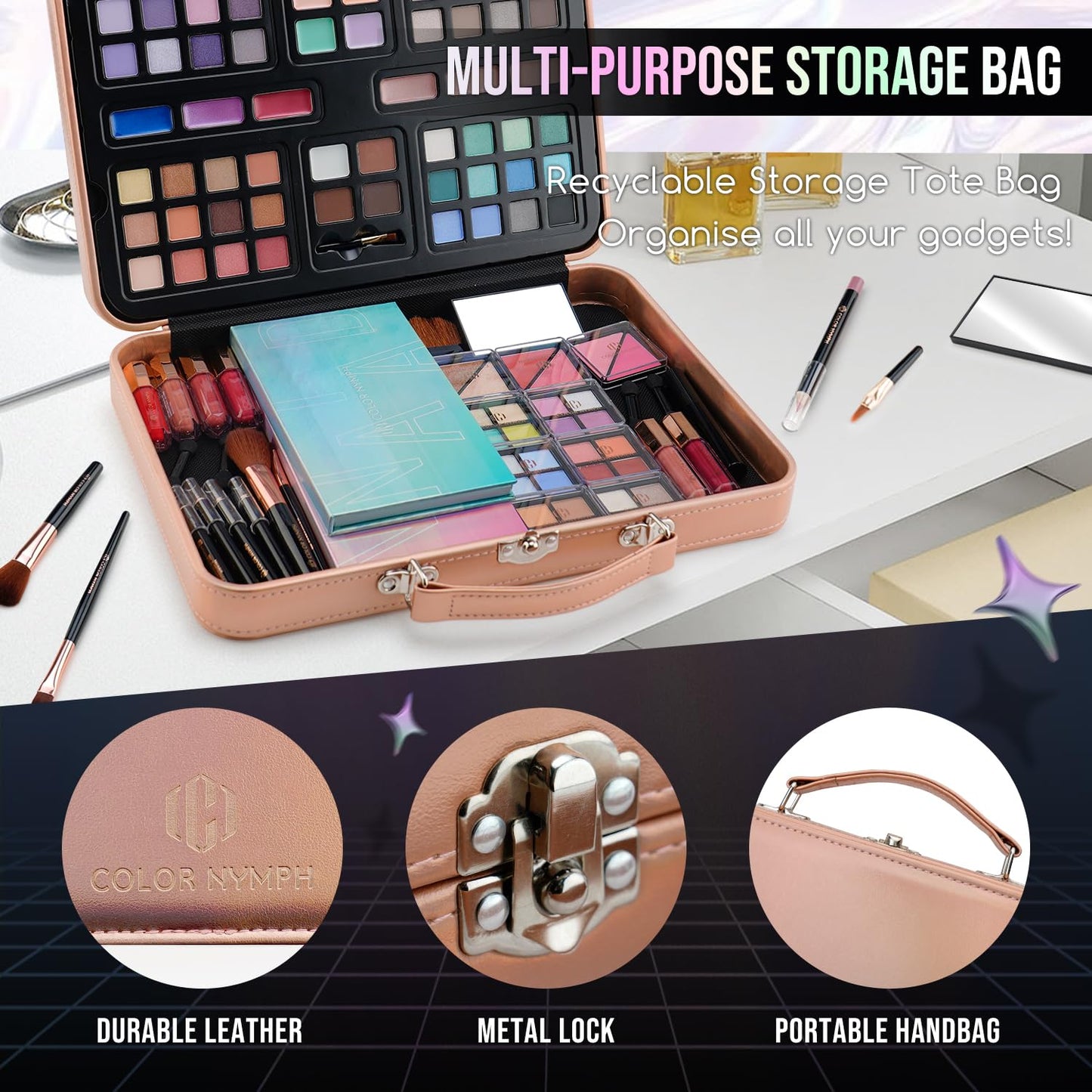 Multipurpose Makeup Kits for Teens Girls Kids, Travel Makeup Set Non-toxic, Makeup Gift for Women Teen, Eyeshadows Blushes Bronzer Highlighter Concealer Lipgloss Eyeliner Lipliner Brushes Gold Case