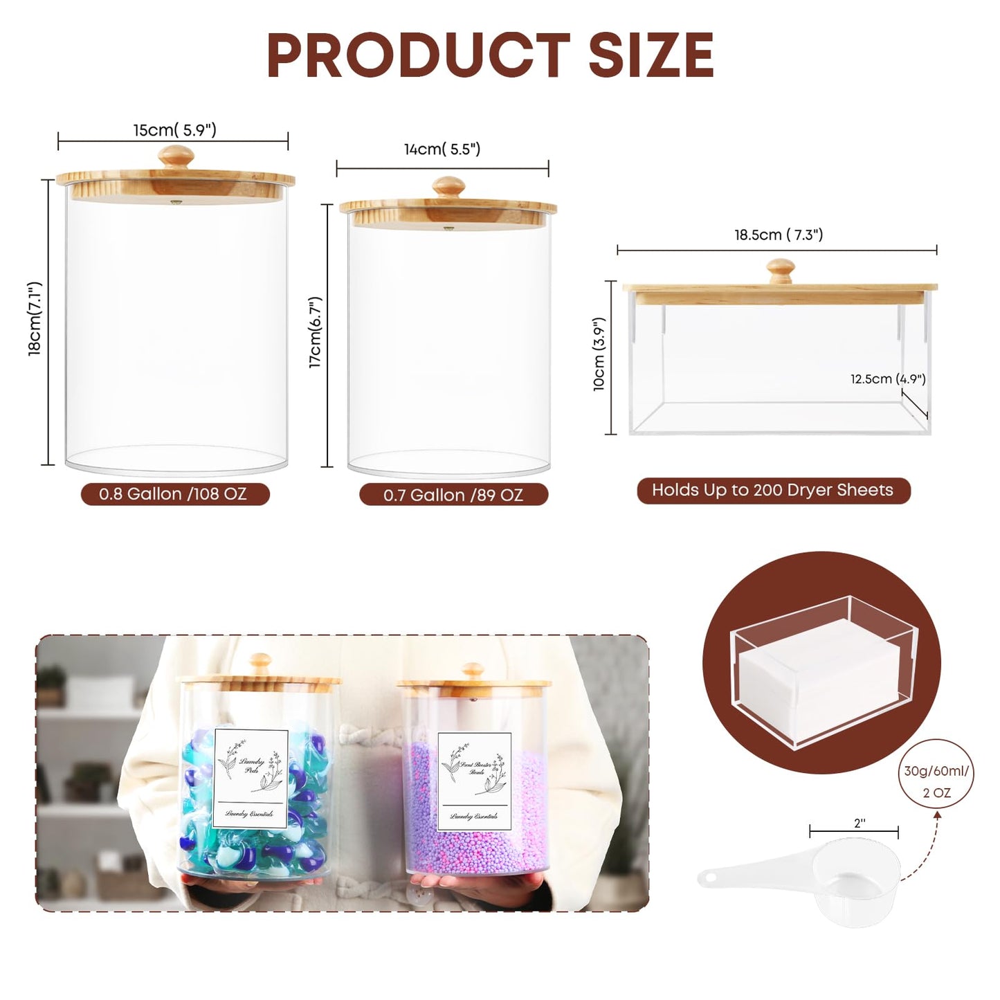 COAZEX 3 Pack Laundry Powder Container & Dryer Sheet Holder, Large Acrylic Laundry Room Organization Jars and Storage Box Dispenser