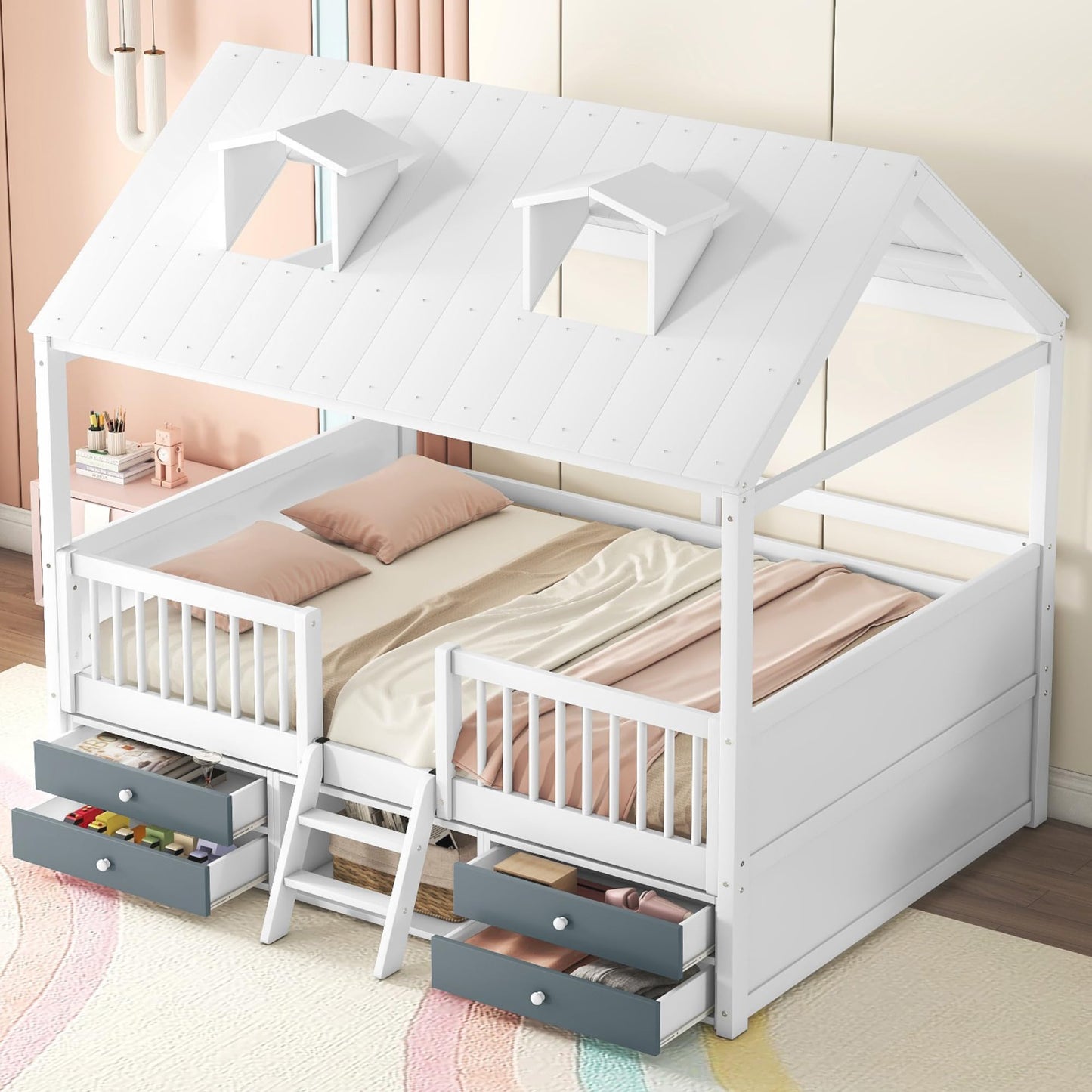 Merax Montessori House Bed Frame with Roof and Windows for Boys Girls Teens, Full Size Kids Playhouse Bed with Guardrails and Storage Drawers for Children's Room, Bedroom, Wood Slats Support, White