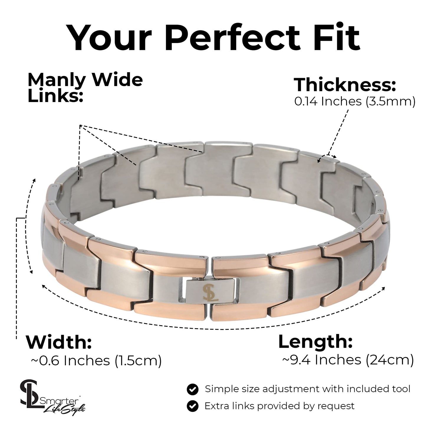 Smarter LifeStyle Elegant Surgical Grade Steel Men's Wide Link Stylish Bracelets for Men, Adjustable - 4 Colors to Choose from – Mens Jewellery, Mens Bracelets Metal (Silver Rose Gold Men's Bracelet)