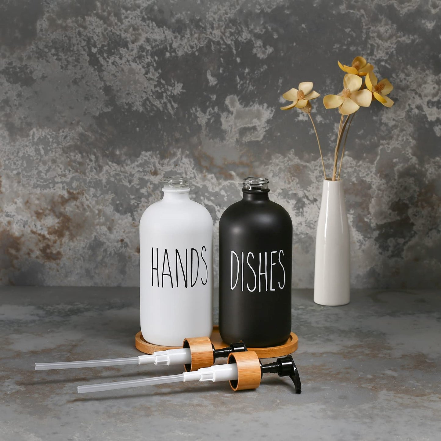 MOMEEMO Glass Soap Dispenser Set, Contains Hand Soap and Dish Soap Dispenser.Suitable for Kitchen Decor. (Black & White)