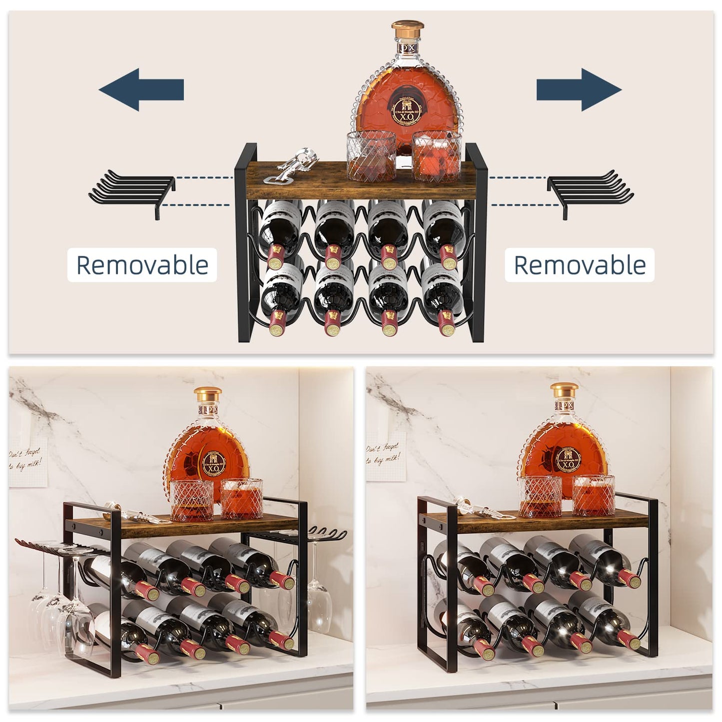 JAFUSI Botellero con soporte para copas, botellero de encimera con marco de metal, soporte para vino con bandeja de madera, botellero para decoración del hogar y almacenamiento de cocina (capacidad para 8 botellas y 4 a 6 copas)