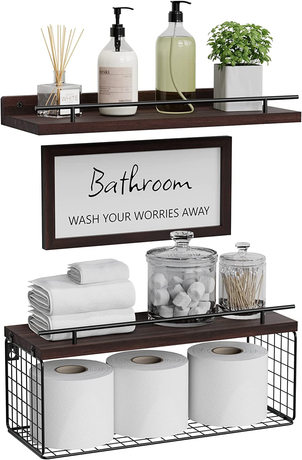 WOPITUES Floating Shelves with Bathroom Wall Décor Sign, Bathroom Shelf over Toilet with Storage Basket Set of 3, Shelf with Guardrail-Rustic Brown