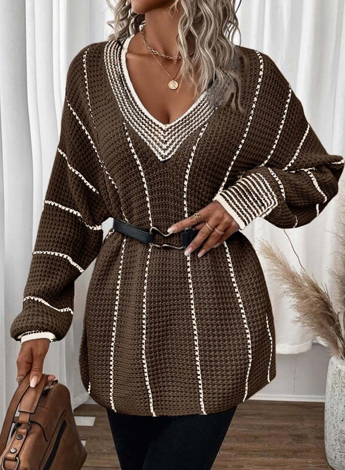 ***Dokotoo Womens V Neck Striped Knit Sweater 2023 Oversized Chunky Long Sleeve Winter Fall Sweaters for Women Cute Tunic Sweater Brown XX-Large