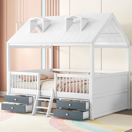 Merax Montessori House Bed Frame with Roof and Windows for Boys Girls Teens, Full Size Kids Playhouse Bed with Guardrails and Storage Drawers for Children's Room, Bedroom, Wood Slats Support, White