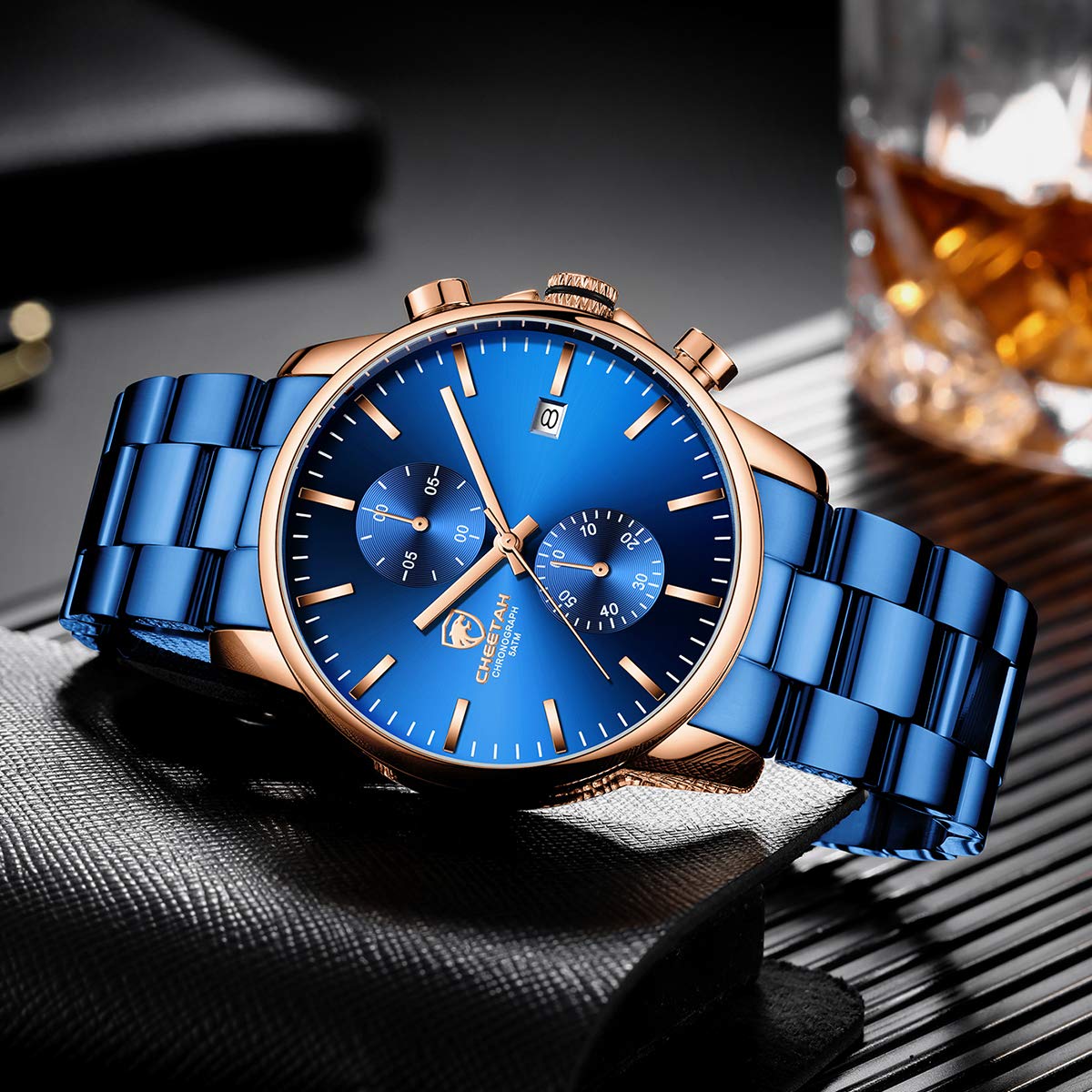 Relojes GOLDEN HOUR para hombre con cronógrafo de cuarzo resistente al agua, informal, de acero inoxidable y metal con revestimiento azul, fecha automática y agujas de oro rosa